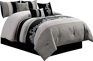 Chezmoi Collection Napa 7-Piece Luxury Leaves Scroll Embroidery Bedding Comforter Set (California King, Gray/Light Gray/Black)