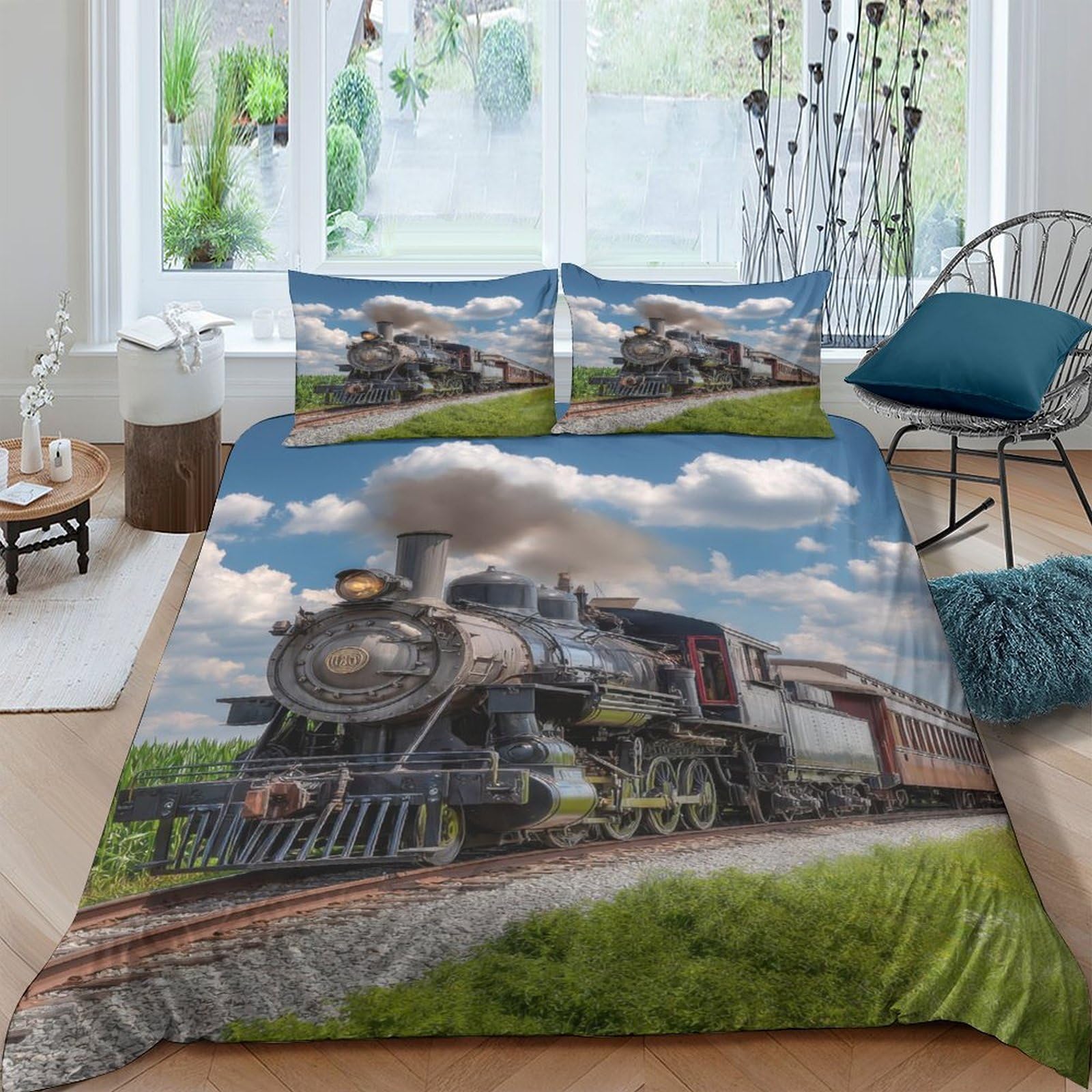 Ctjqhvkz Style-6 3D Printed Steam Train Fitted Sheet Microfiber Soft Blue Sky Railway Mattress Cover For Bedroom Guest Room Decor Single（135X200cm）