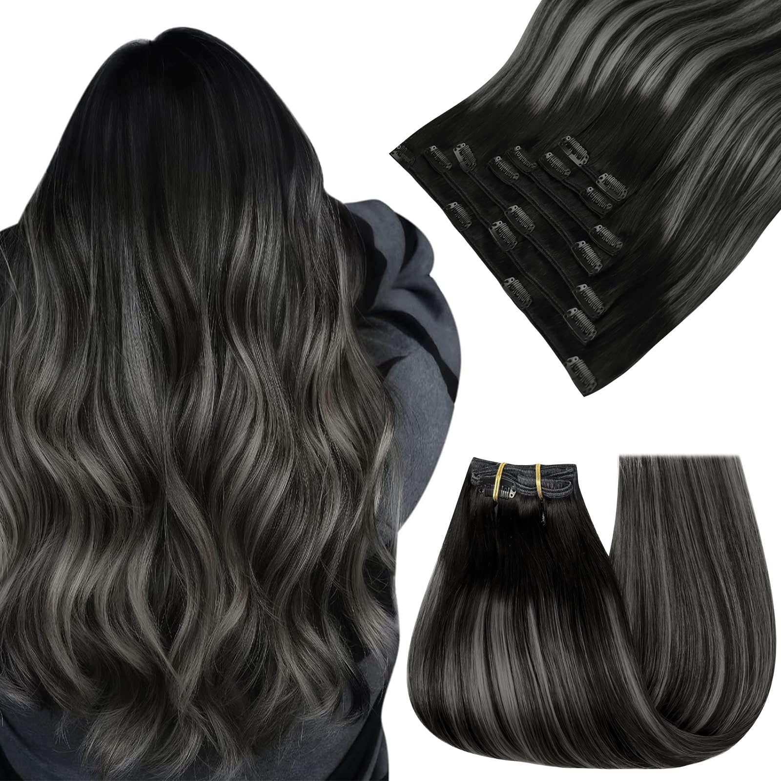 Easyouth Echthaar Extensions Clip in Haarverlangerung Echthaar Clips Off Black Mix Silber und Off Black 50cm 120g 7Pcs Doppelt Tressen Clip in Echthaar Extensions