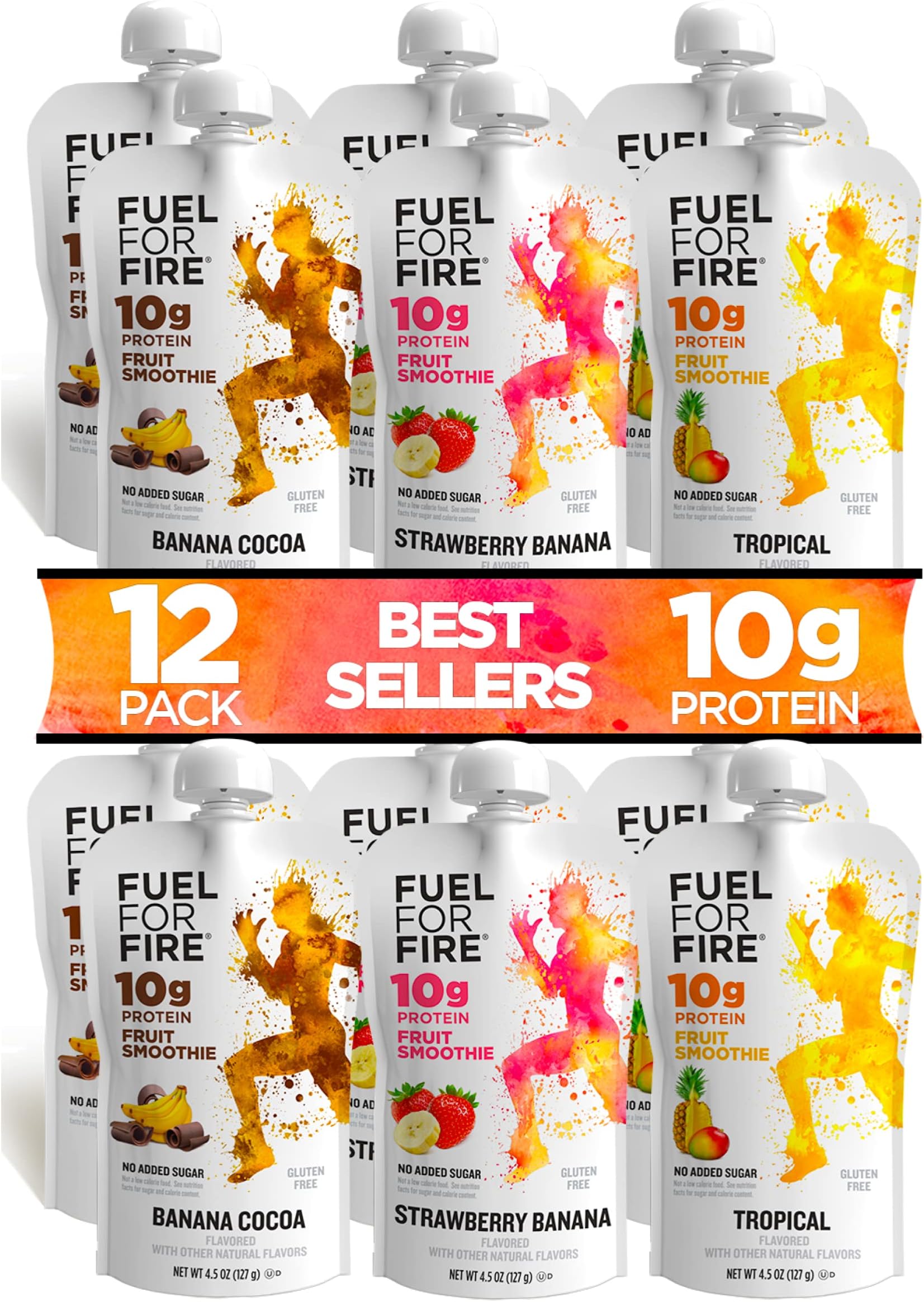 Fuel for Fire Protein Smoothie Pouch - Best Sellers Variety (12-Pk) | Healthy Snack & Recovery | No Sugar Added, Dietitian Approved | Functional Fruit Smoothies | Gluten Free, Kosher (4.5oz pouches)