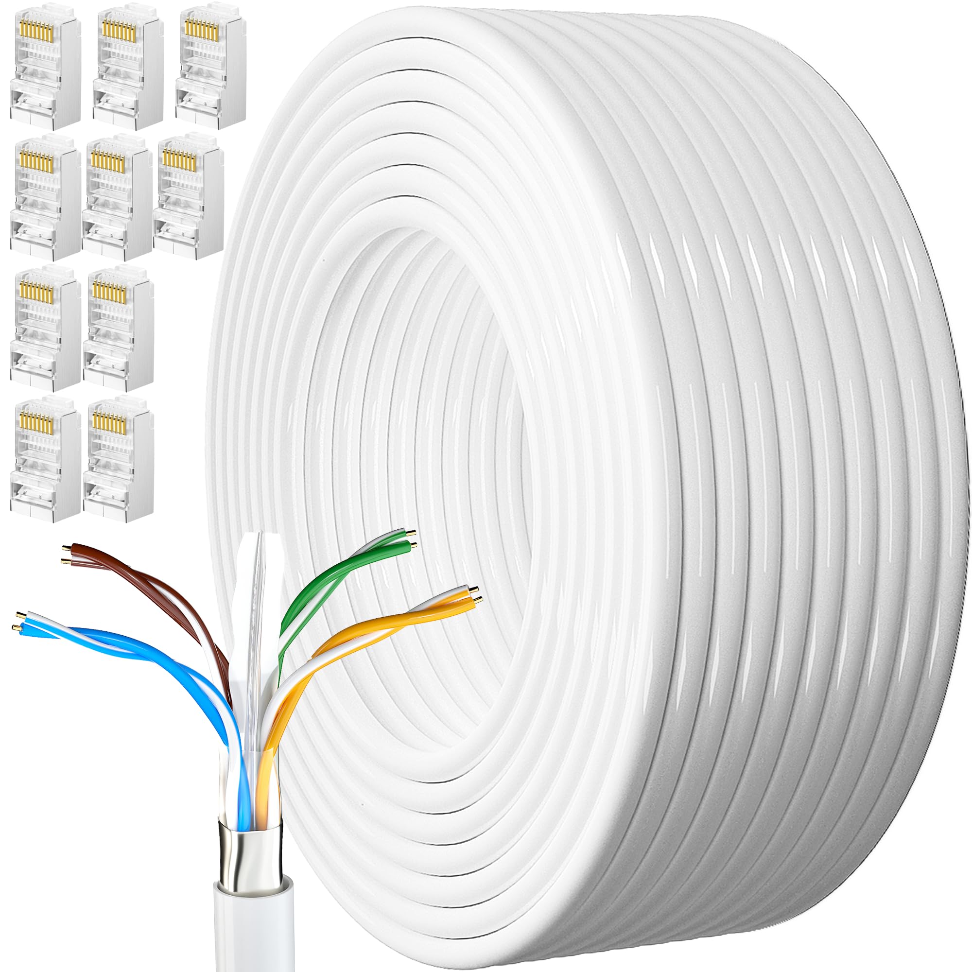 MEIPEK Cable Ethernet 50m, Rj45 Blindé Cat 6 Gigabit Câble Réseau Extérieur Anti-Brouillage Résistant Aux Intempéries FTP 23AWG LAN Internet Blanc 50 Mètres pour Modem Routeur