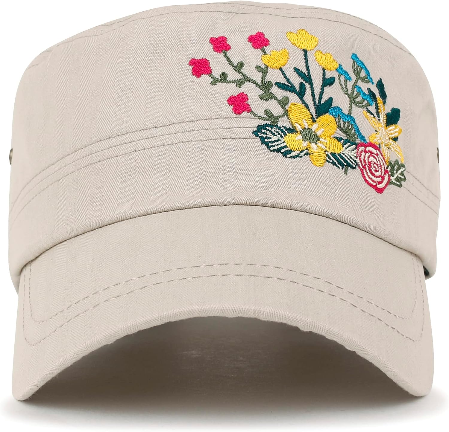 ililily Rhinestone Cotton Cadet Cap Vintage Distressed Cotton Military Army Hat