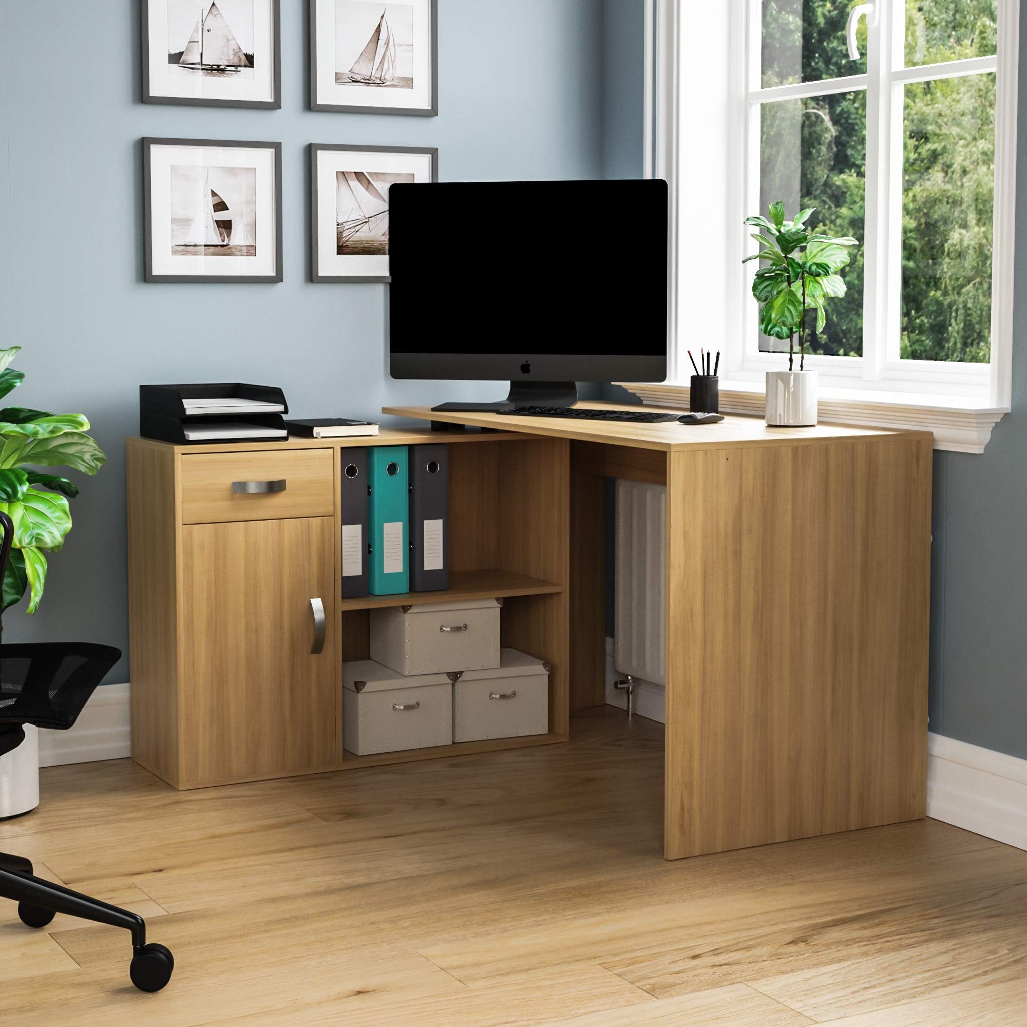 Vida Designs Longton Adjustable, L-Shaped Computer Desk with Shelves, Drawer and Door, Home Office PC/Laptop Table, Gaming Study Workstation, Furniture, Pine, 75 x 120 x 59 Cm
