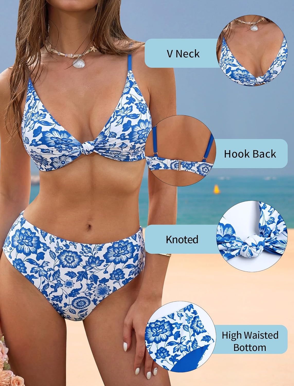ZAFUL Bikini Set for Women V Neck Knot Front Push Up Bathing Suit High Cut Two Piece Swimsuit Brazilian Cheeky Swimwear - Image 4