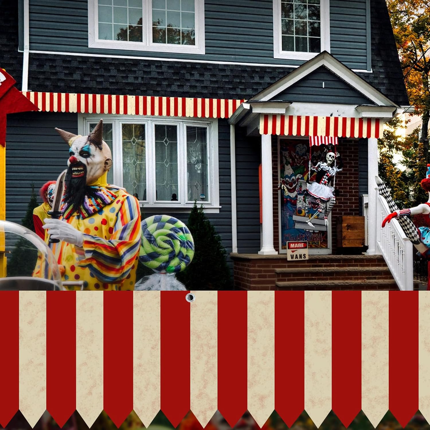 6 Pcs Creepy Carnival Tent Circus Carnival Hanging Decorations Banner Red White Striped Party Supplies for Halloween Theme Celebration, 9.84 x 78.74 In - Image 3