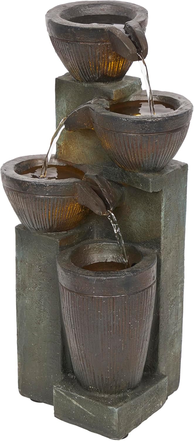 Alpine Corporation 14" Tall Stoned Jar Water Fountain with Cascading LED Lights, Stylish Tabletop Water Feature for Home, Office, Living Room, Bedroom Decor, Multi-Color