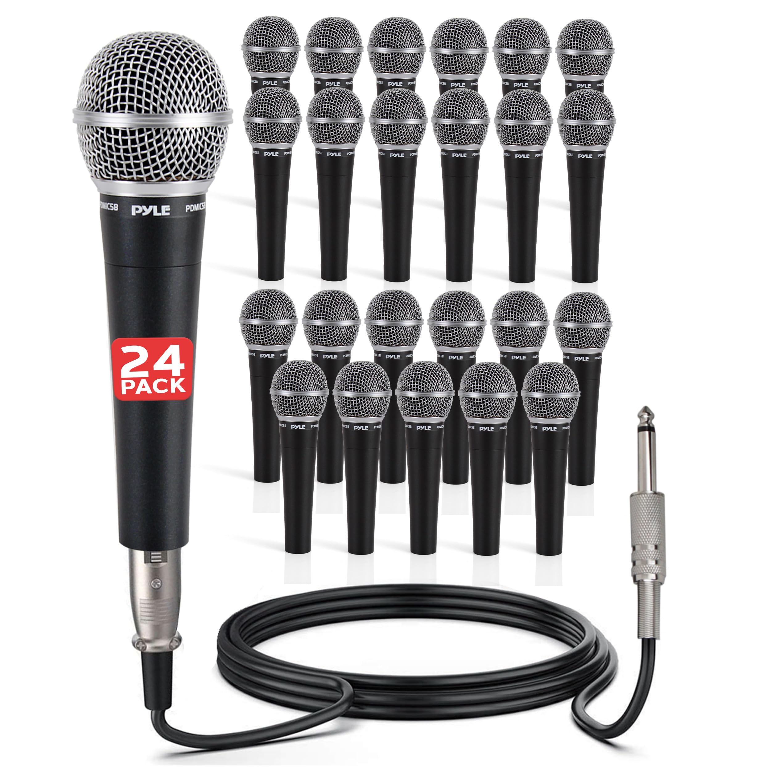 Pyle Professional Dynamic Microphone - 24-Pack Unidirectional Handheld Mic with Built-in Pop Filter, High Signal Output, 15 ft. XLR Audio Cable, Ideal for Stage, Karaoke & Studio Performances