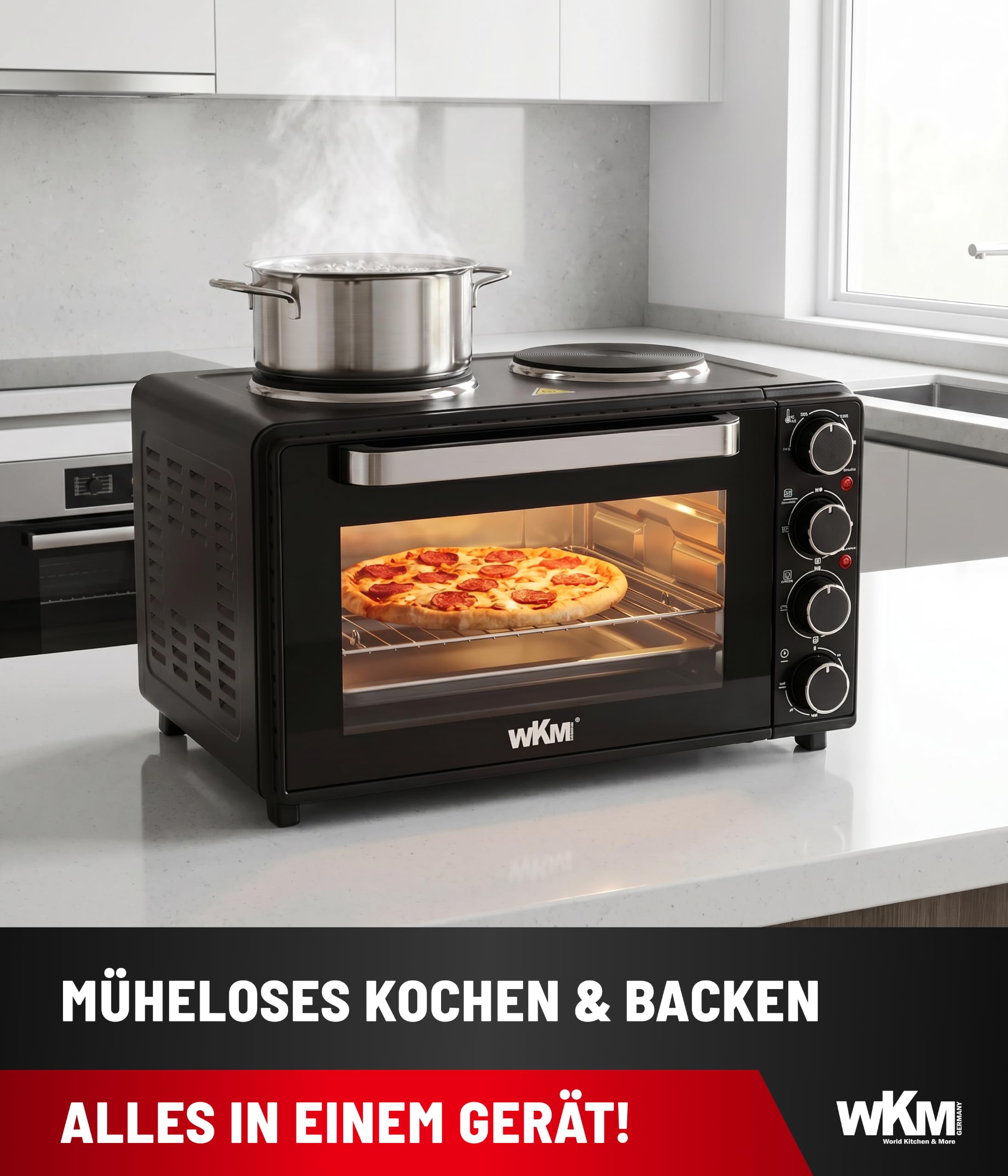 WKM® Mini Backofen mit Kochplatten Schwarz (30L) - 3 Heizprogramme, Innenbeleuchtung & 60 Min Timer - Perfekt für kleine Küchen - Kompakt Backofen Tischbackofen - Deutsches Familienunternehmen