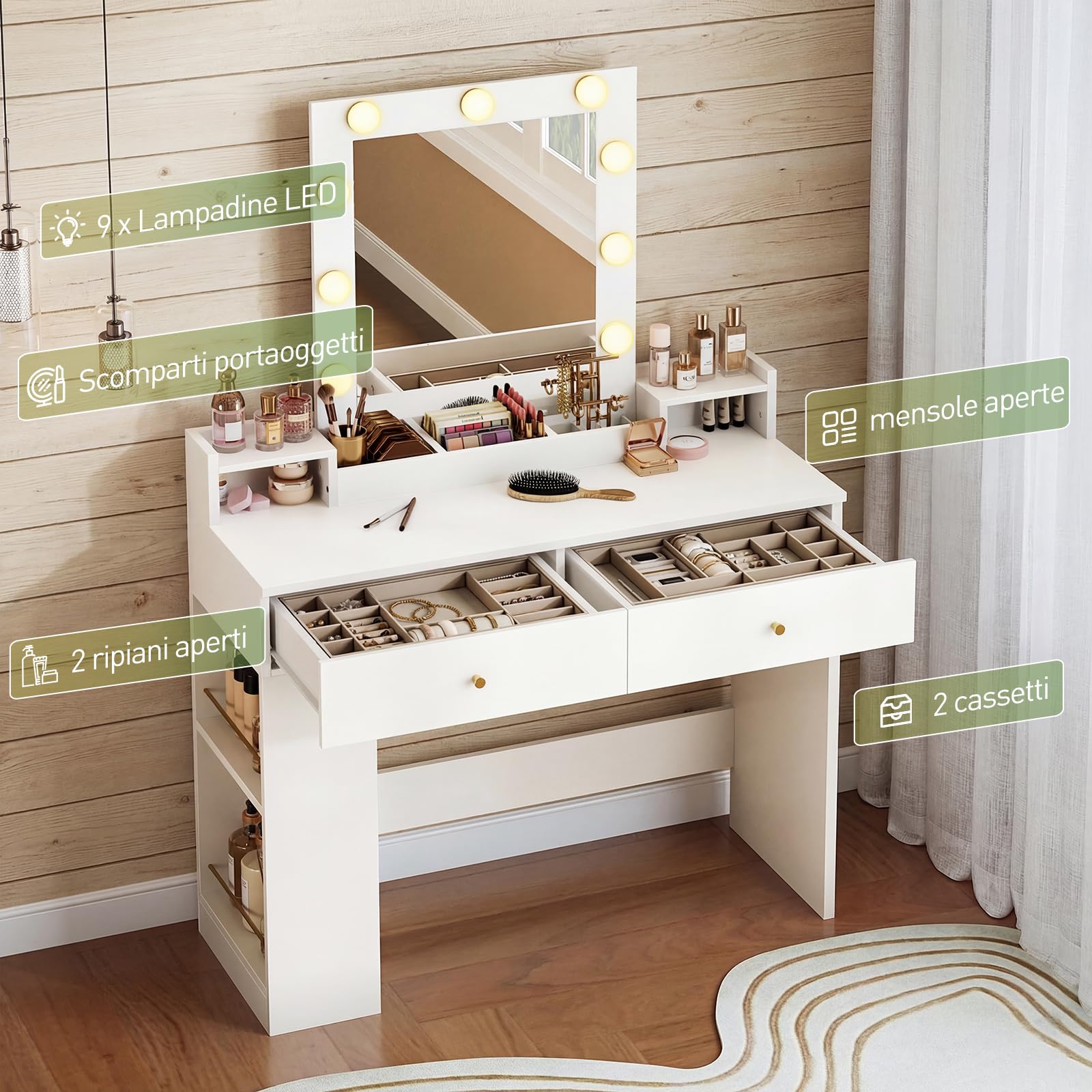 RALGEND Toeletta Trucco con Specchio e LED Regolabili, Postazione Trucco da Bianca con Cassetti e Scomparti Aperti, Tavolo per Camera da Letto e Spogliatoio, Bianco