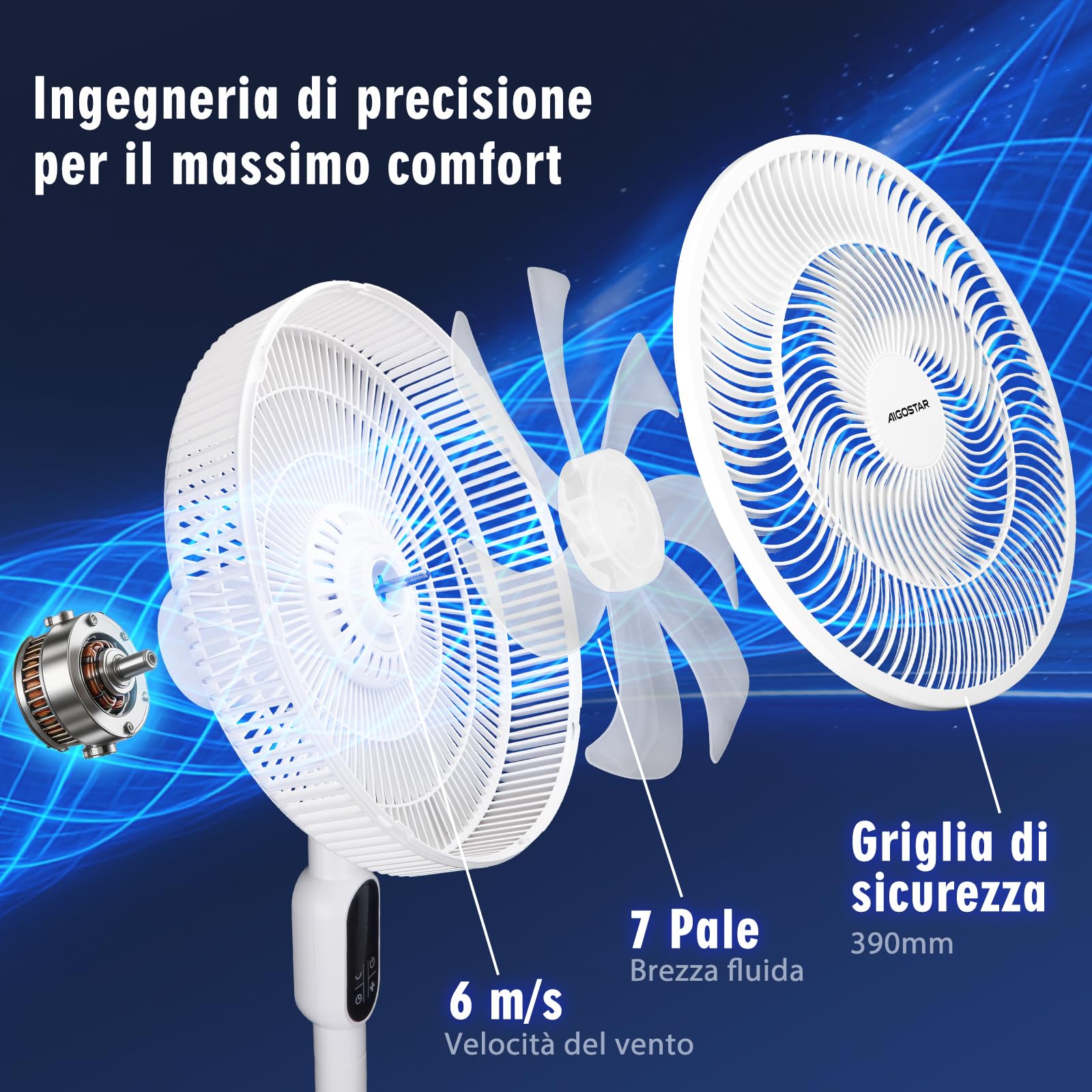 Aigostar Ventilatore a Piantana Silenzioso con 7 Pale, Telecomando, Timer 12H, 3 Velocità e Modalità, Base Circolare Ultra Stabile, Altezza Regolabile 91/125cm, 50W, per Casa e Ufficio, Bianco