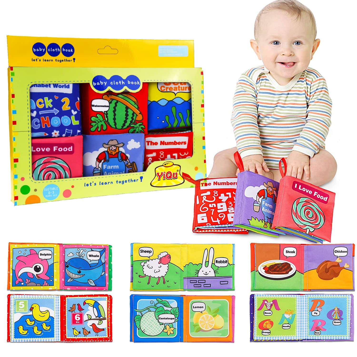 SNOWIE SOFT® Cloth Books for Babies, 6PCS Baby Cloth Book Non-Toxic Soft Crinkle Cloth Books Early Education Learning Toys Newborn Toys Christmas Gifts for Babies 6-12 month old -Gift Box Pack