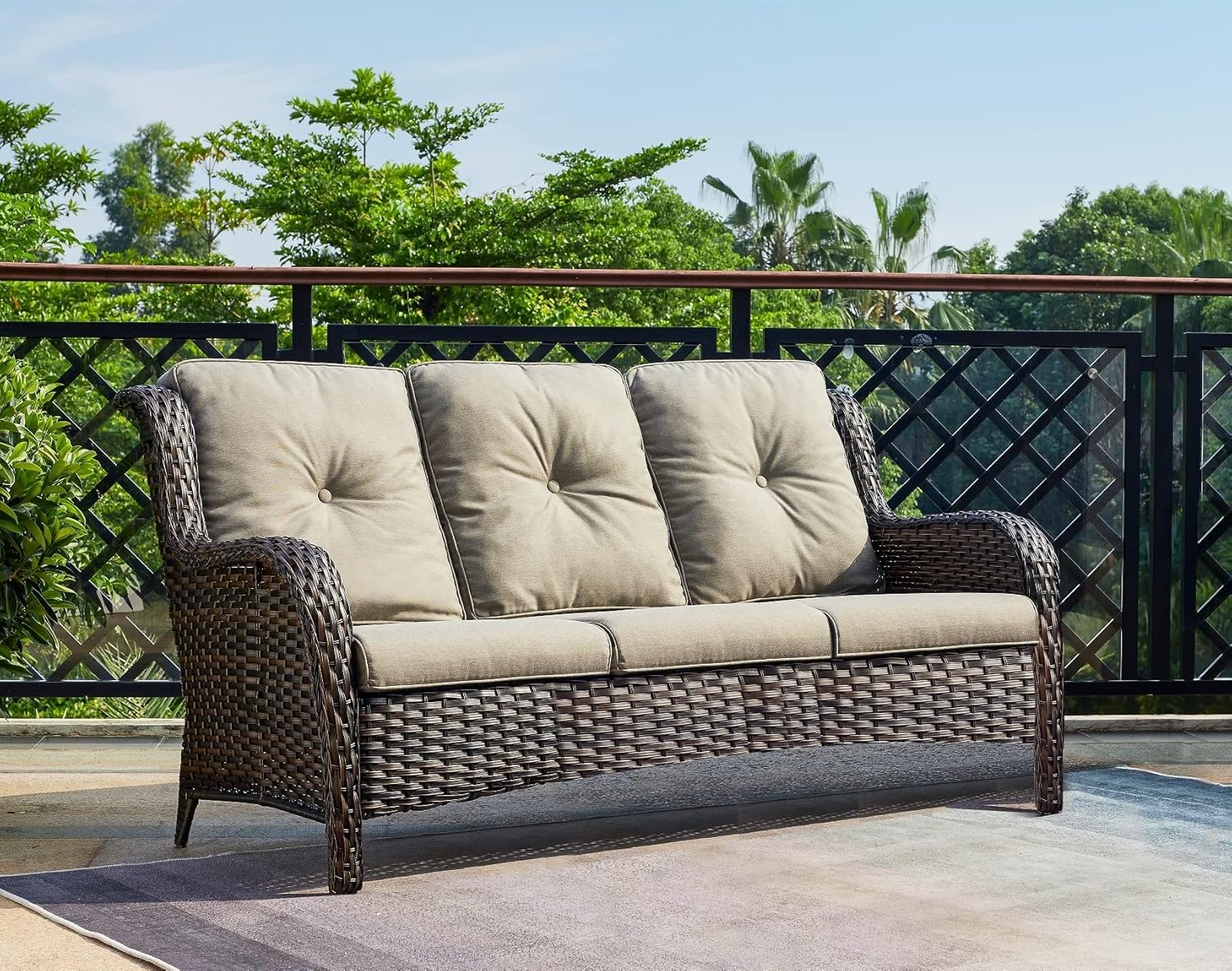 HUMMUH 3Seat Outdoor Wicker Sofa PE Rattan Patio Couch with Cushions,Deep Seat High
