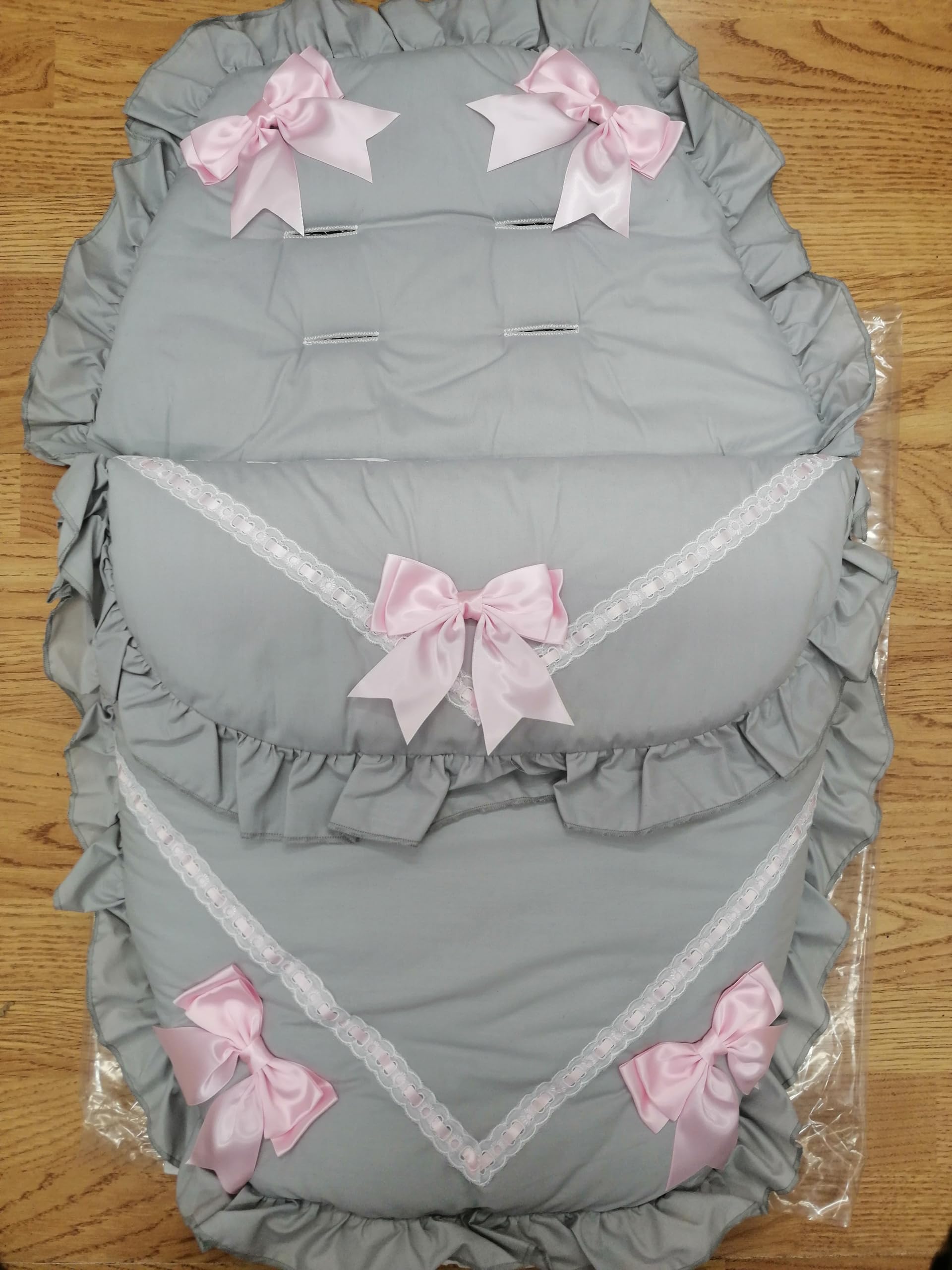 Footmuff Cosytoes Universal fit pram Set Buggy Liner, Colour Grey with Pink Bows, Pushchair Stroller Pram Set