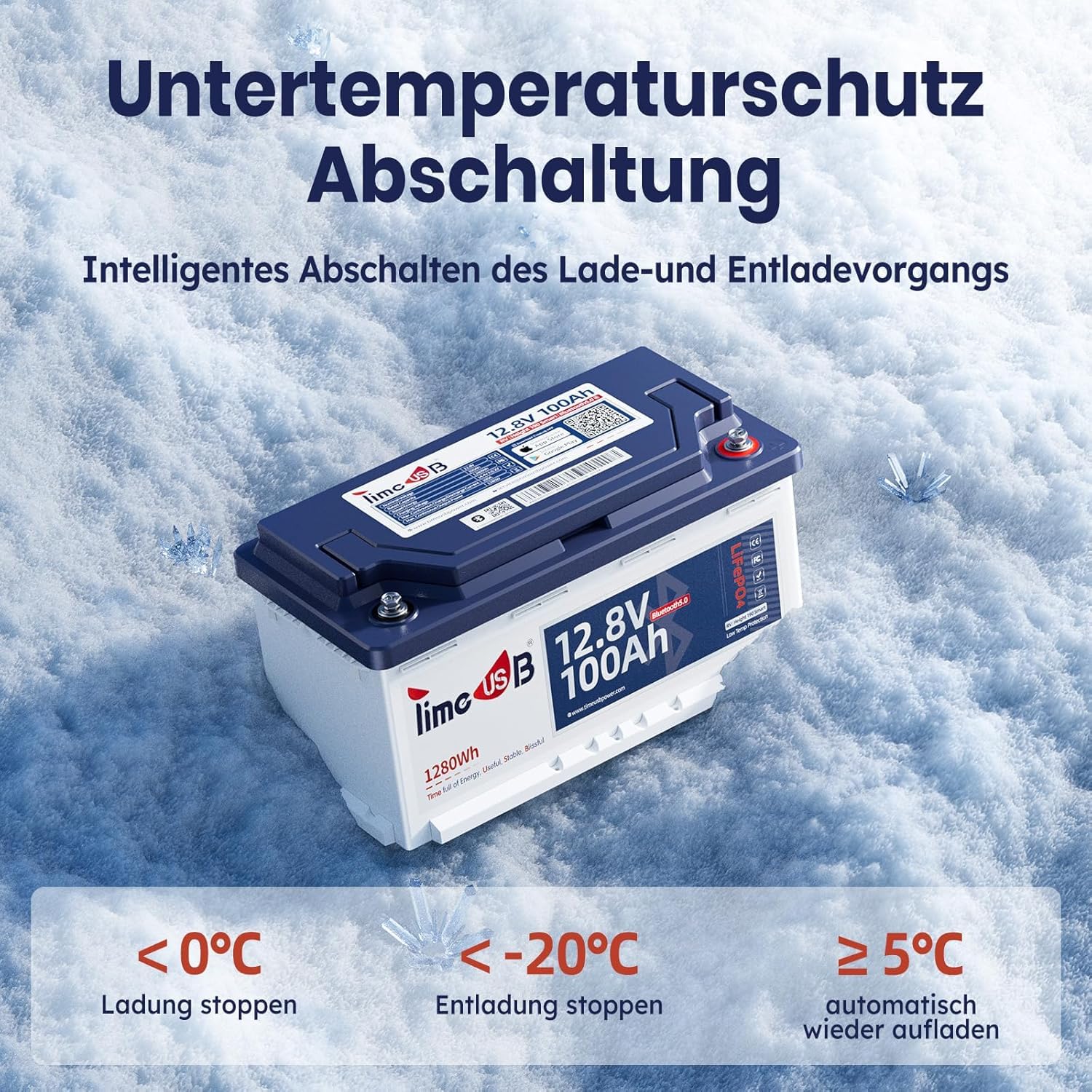 Timeusb LiFePO4 12V 100Ah Batterie Bluetooth H190 für Untersitz Wohnmobil | DIN H8/L5,100A BMS mit Tieftemperaturschutz,1280Wh Tiefzyklus Lithium Akku für RV Campervan Wohnwagen