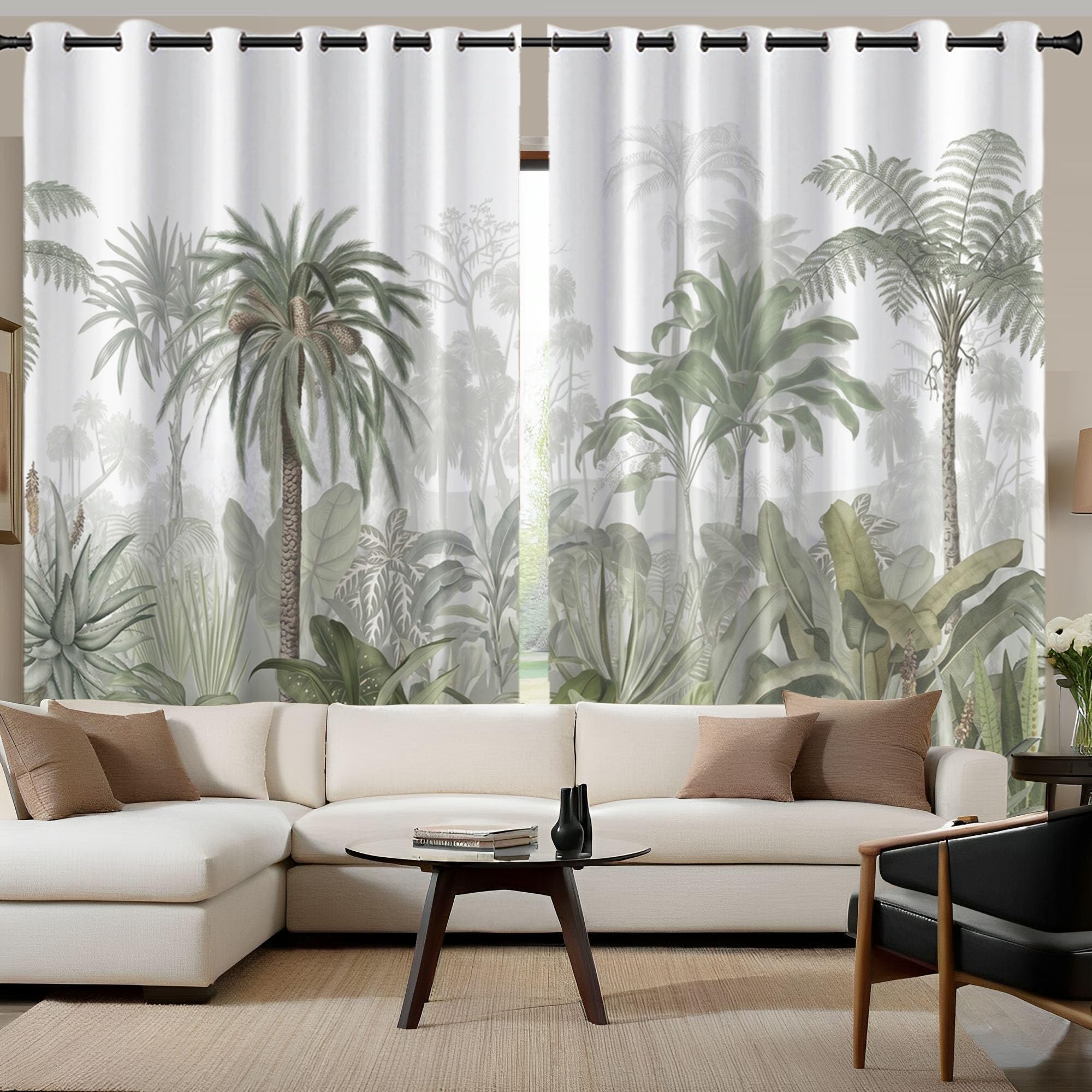 Rideaux Occultants Palmiers Monstera Deliciosa Cactus, Rideau Occultant Thermique Isolant Vert, Rideau Imprimé Style Tropical Rétro Avec Oeillets Pour Chambre, Salon, Lot De 2 Rideaux 140 X 225 cm