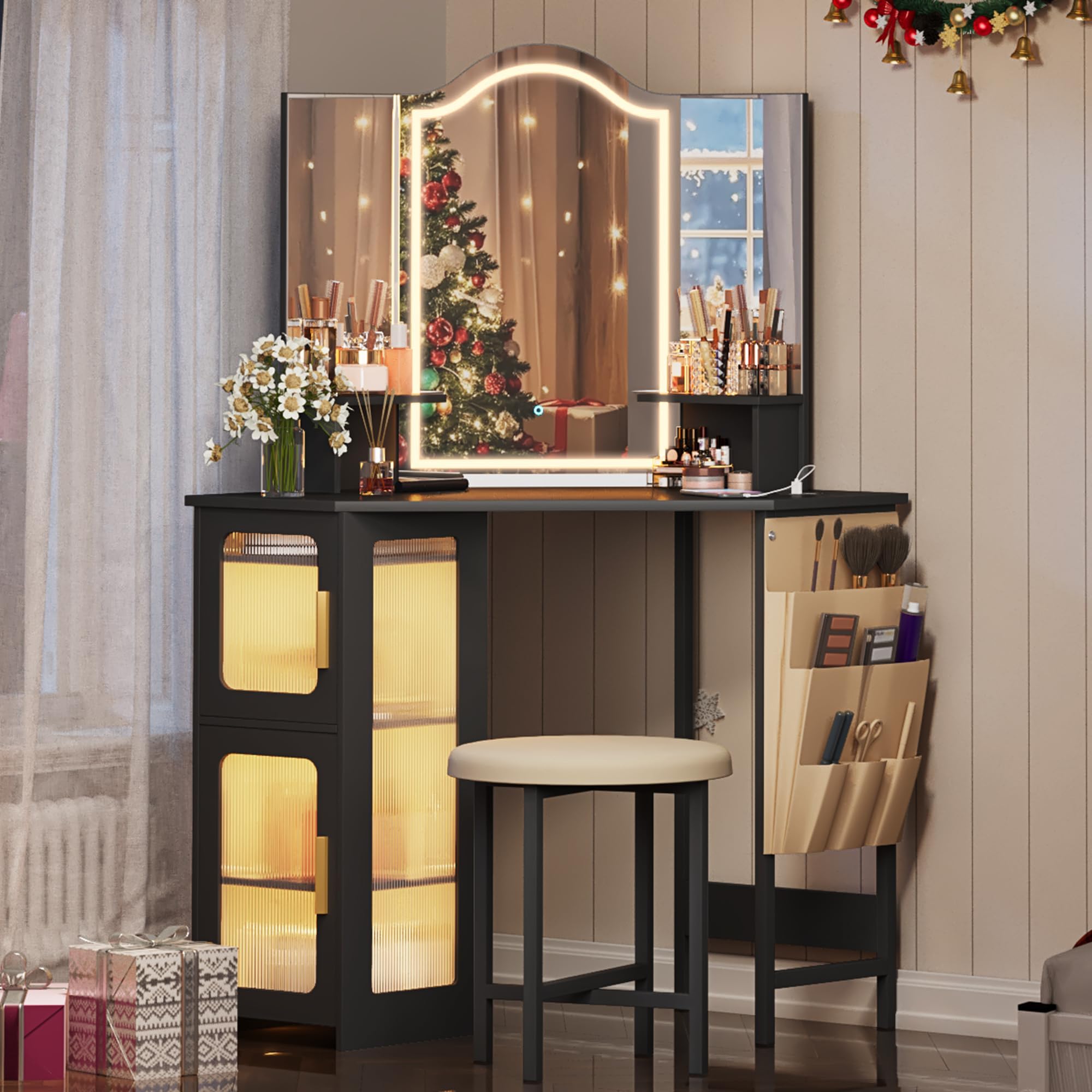 Lvsomt Corner Vanity Desk With Mirror And Lights, Makeup Charging Station, Dressing Table 3 Lighting Options, Set Stool, Women’S For Bedroom, Black