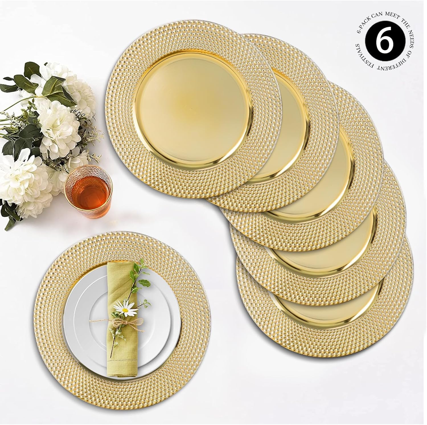 MAONAME 13" Gold Charger Plates Set of 6, Plastic Charger for Dinner Plates, Electroplated Plate Chargers with Hammer Edge, Round Chargers for Table Setting, Wedding Decor