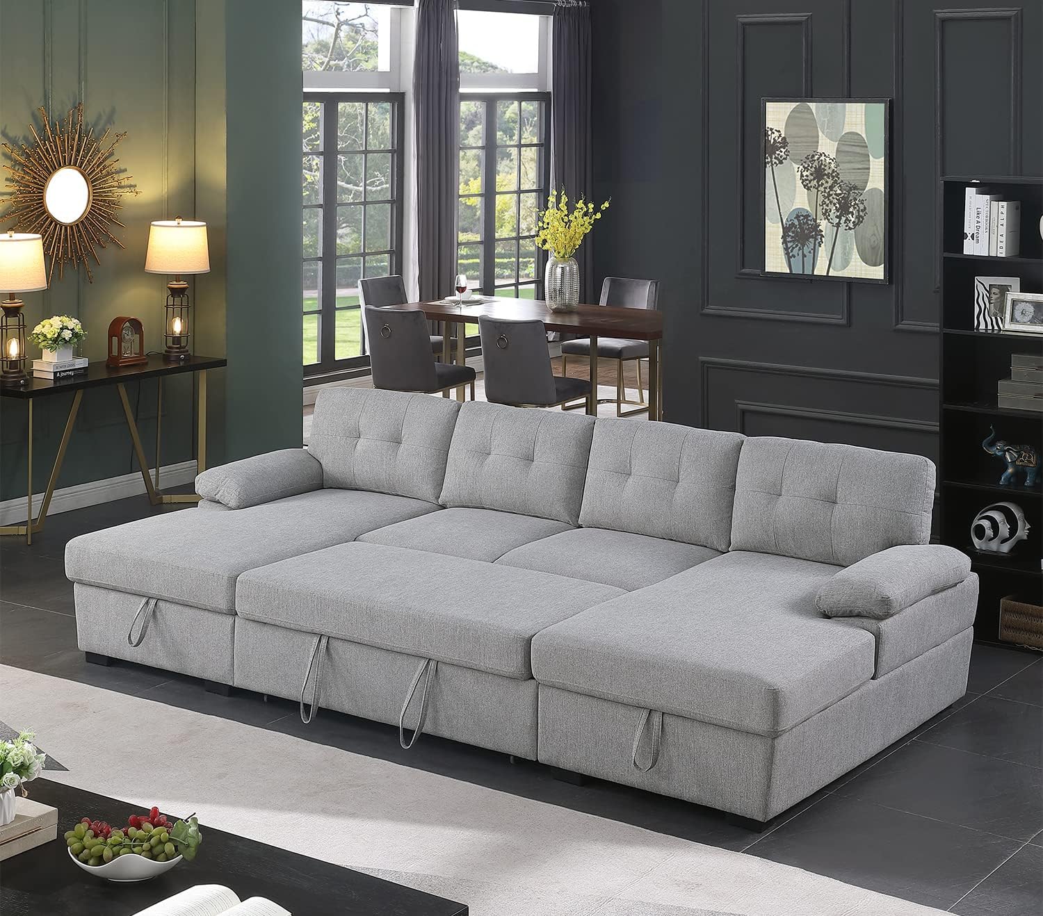 Sectional Sofa Sleeper Couch Bed Pull Out Sleeper Sofa Bed & Storage Chaise Lounge for Living Room U Shape Sleeper Couch Furniture Set (Grey)