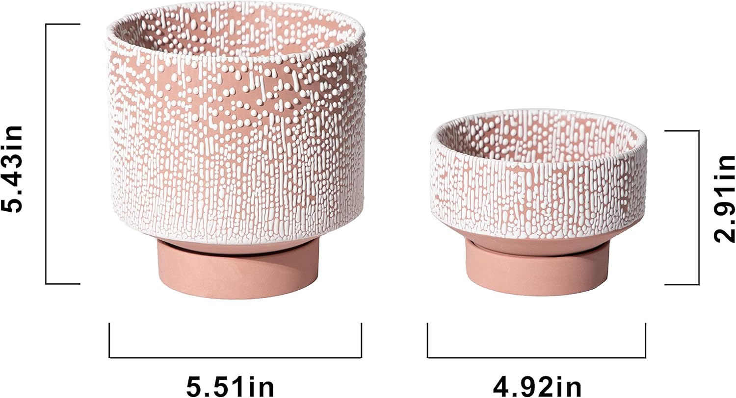 UBEE Planter Ceramic Flower Pot for Indoor Plants | 5.5 inch + 4.9 inch Plant Pot with Saucer and Drainage Hole for Aloe, Snake Plants, Pothos, Orchid, Terracotta with White Glaze Dot