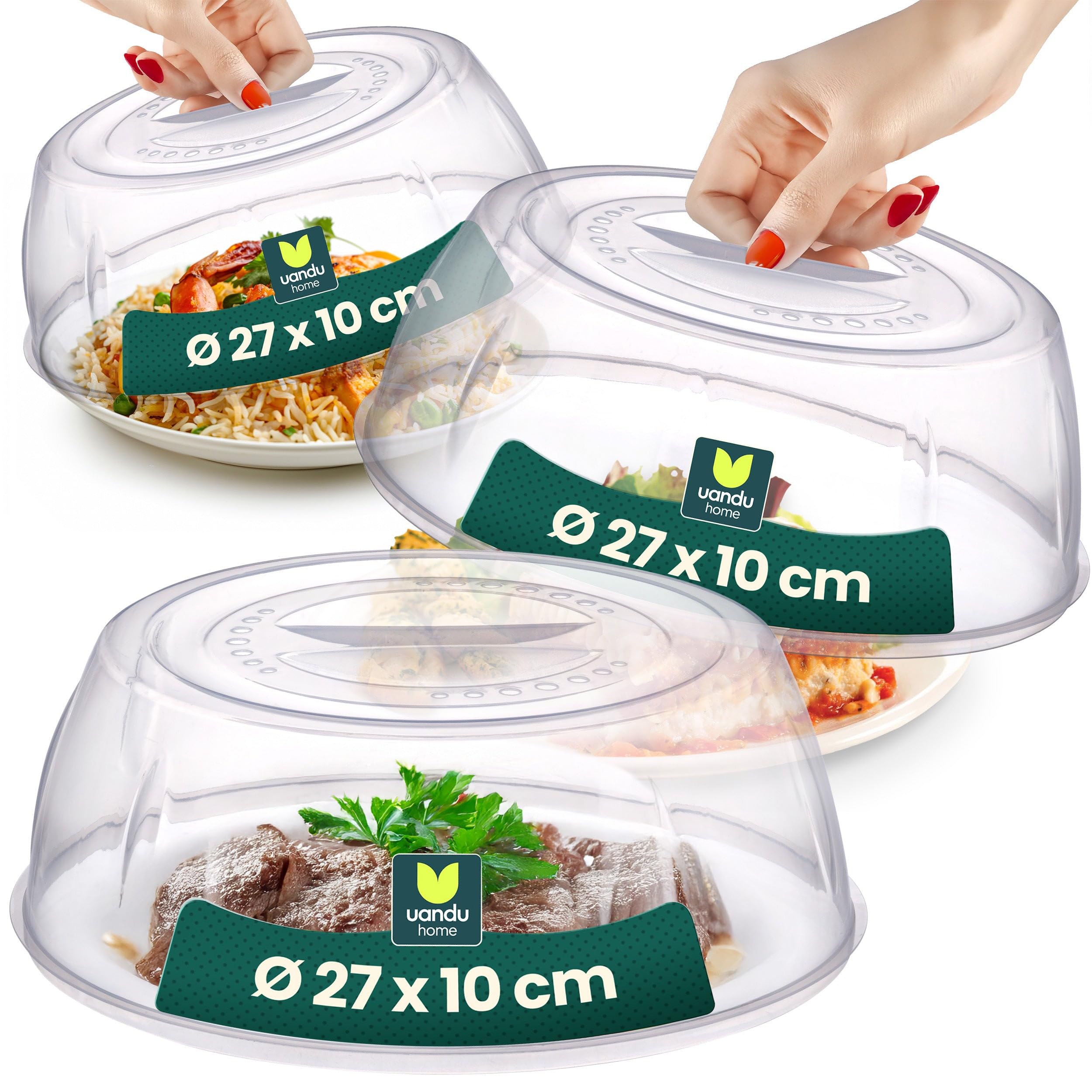 uandu Mikrowellen Abdeckung Ø 27 cm – 3er Set, Mikrowellenhaube hoch mit Griff, Spritzschutz für Lebensmittel, Mikrowellendeckel BPA Frei