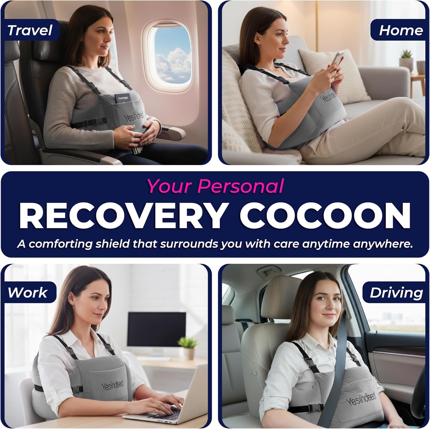 YESINDEED Post Mastectomy Pillow – Recovery Cushion with Strap, Shoulder Loops & Gel Pack – Charcoal Gray Support Pillow for Breast, Heart, C‑Section & Hysterectomy Recovery (Grey)