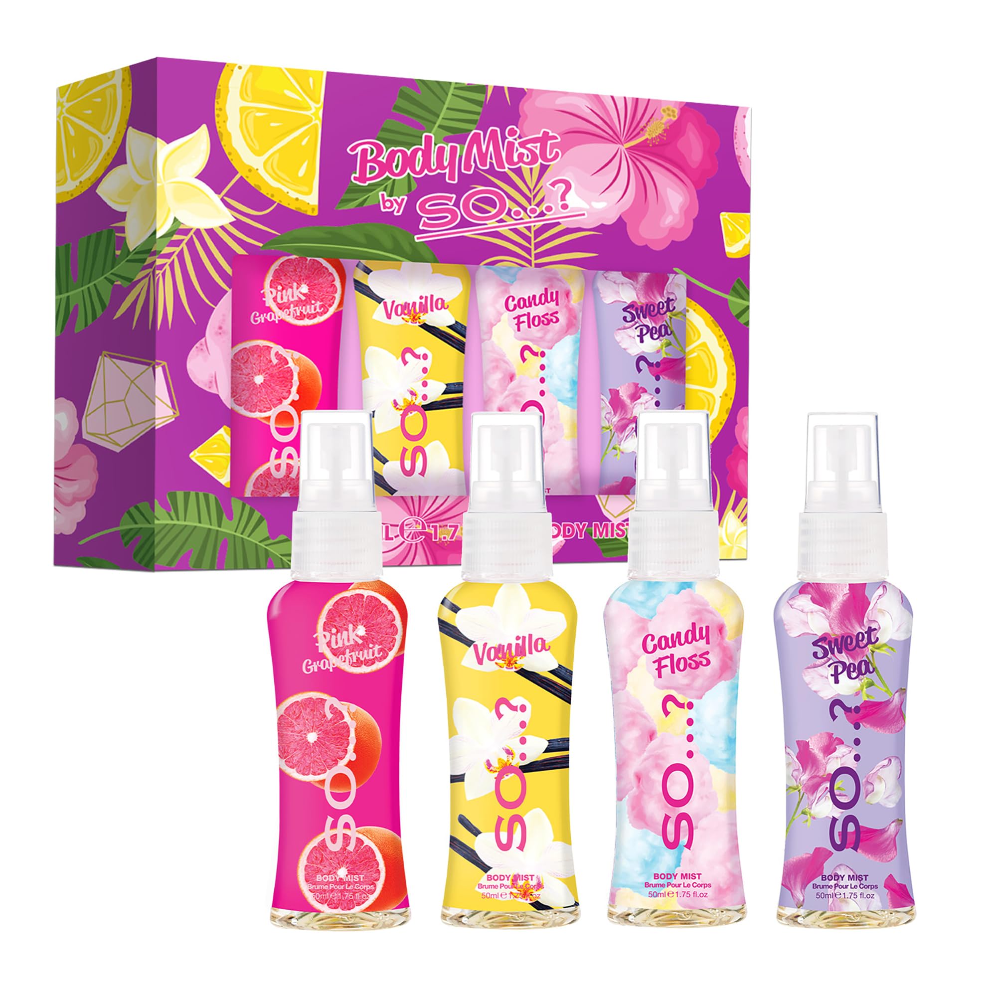 Body Mist By So…? Womens Mini Body Mist Gift Set, with Pink Grapefruit, Vanilla, Candy Floss & Sweet Pea, Fragrance Spray Set (4x50ml)