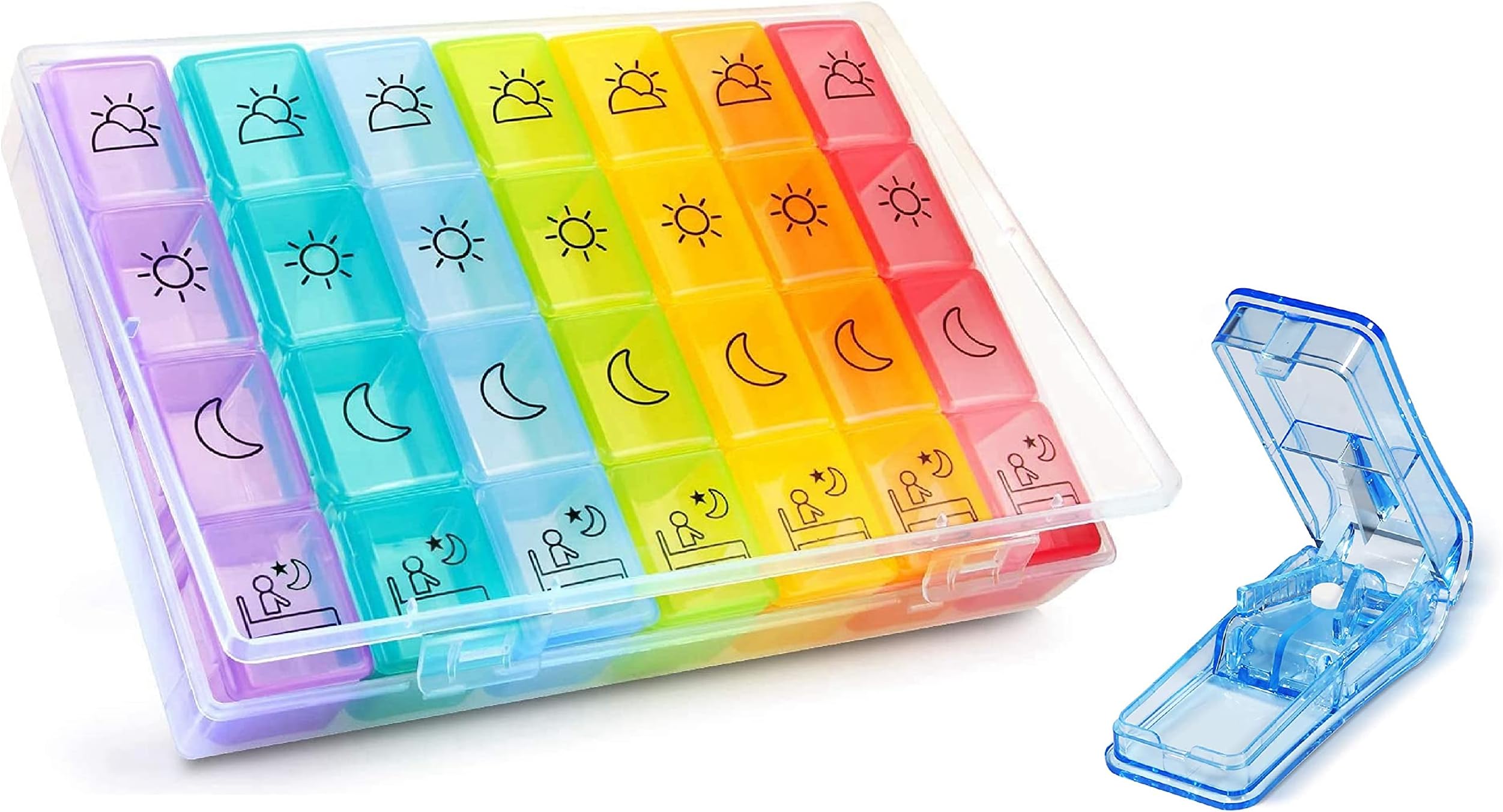 Abubu Weekly Pill Box with 4 Daily Outlets and Pill Cutter Airtight Closed, Medicine Organizer 28 Compartments, Food Certified, Perfect Size, For Memory