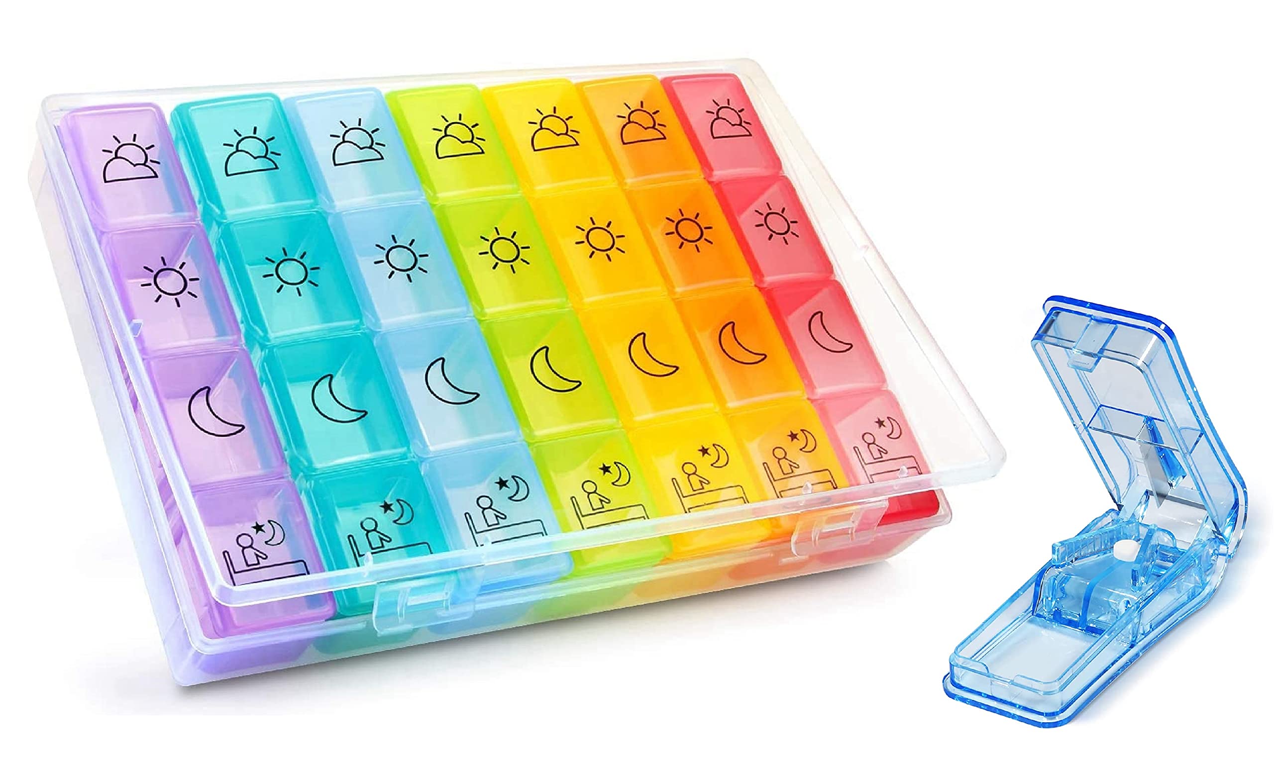 Abubu Weekly Pill Box with 4 Daily Outlets and Pill Cutter Airtight Closed, Medicine Organizer 28 Compartments, Food Certified, Perfect Size, For Memory