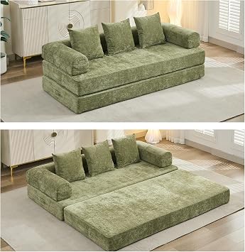 Compression Sofa, Convertible Sofa Bed, Modular Couch with Pillow, Comfy Chenille Fabric Couch with Memory Foam, Lounge Floor Sofa for Living Room Bedroom Green