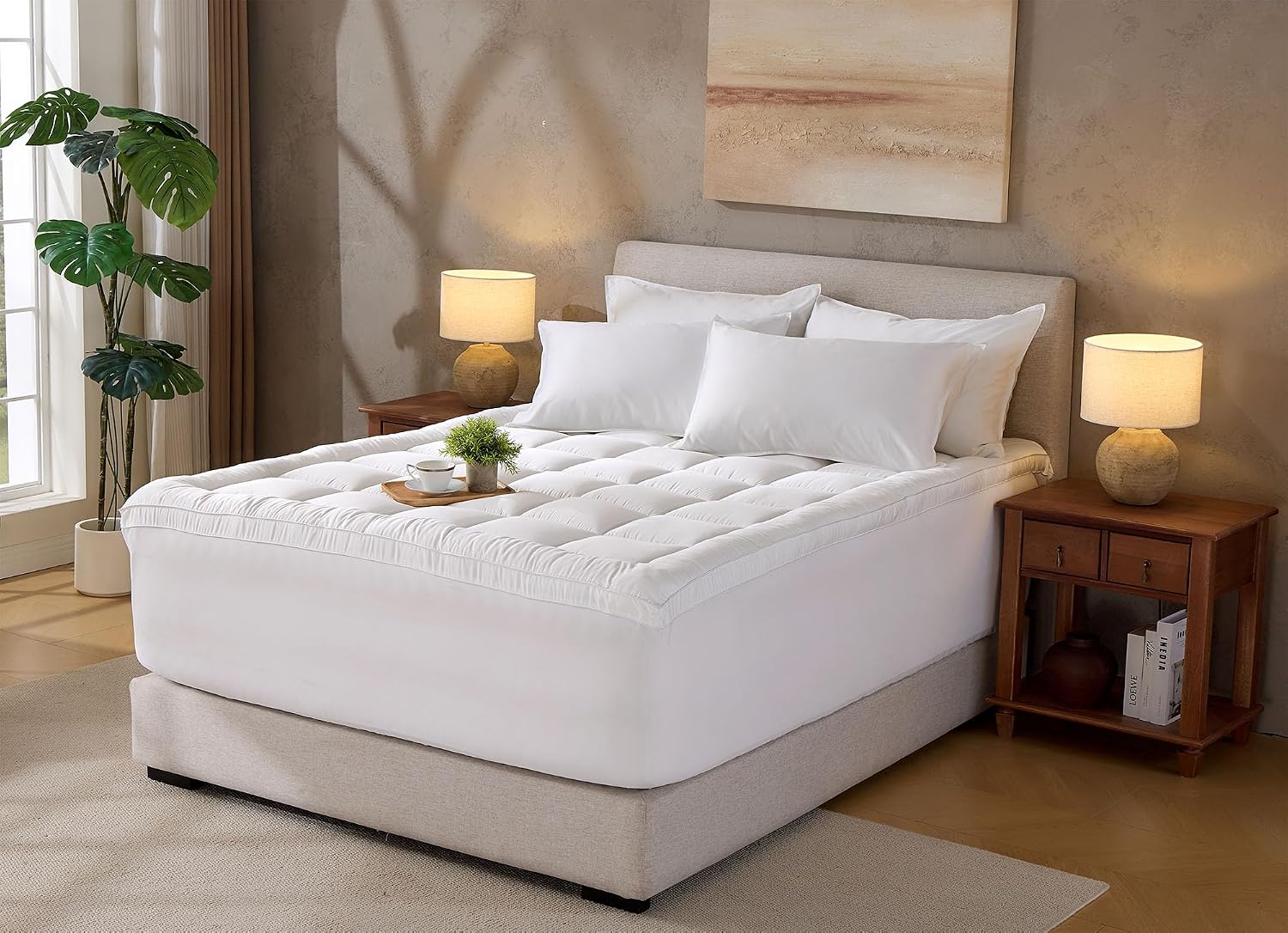 Queen Mattress Topper by Pure Bamboo, Cooling Pillowtop Plush Thick Mattress Pad, Viscose Derived from Bamboo (Queen)