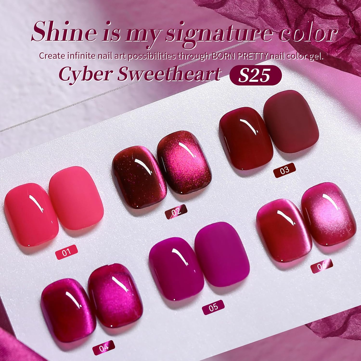 Born Pretty Gel Nail Polish Hot Pink Pitaya Red Color Gel Polish Ice Glass Cat Magnetic Eye Effect Holographic Glitter Shimmer Soak Off Nail Art Manicure DIY Salon and Home Sweetheart Series
