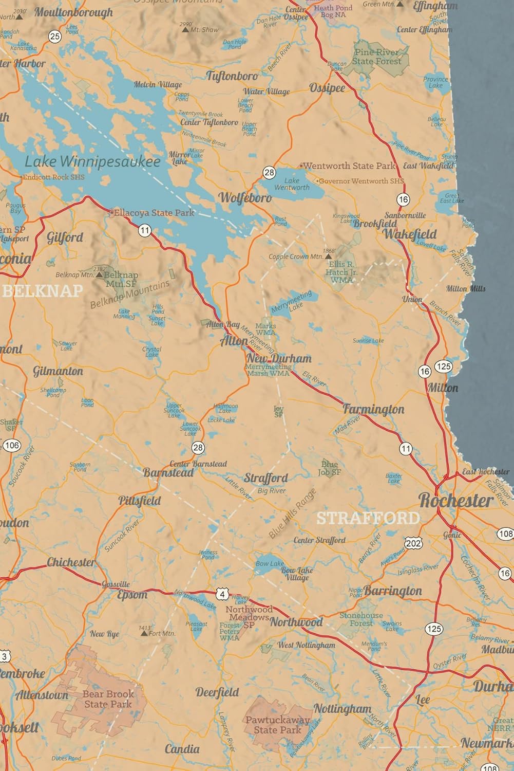 Best Maps Ever New Hampshire State Wall Map 24x36 Poster (Tan & Slate Blue)