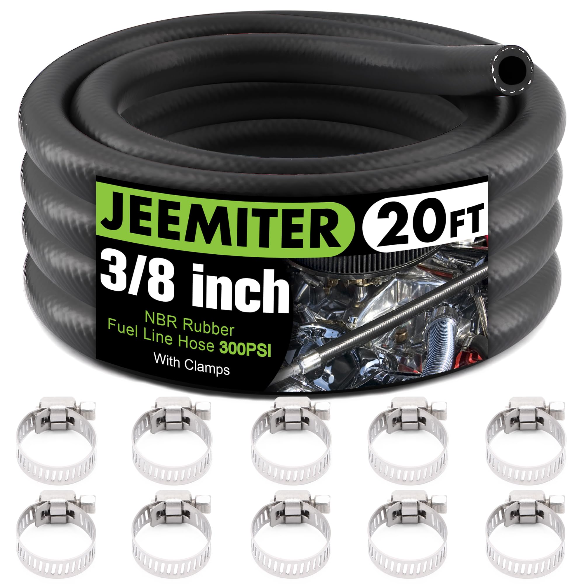 Jeemiter 3/8" ID 20FT Fuel Line Hose SAE 30R7 with 10 Clamps for Gas, Oil