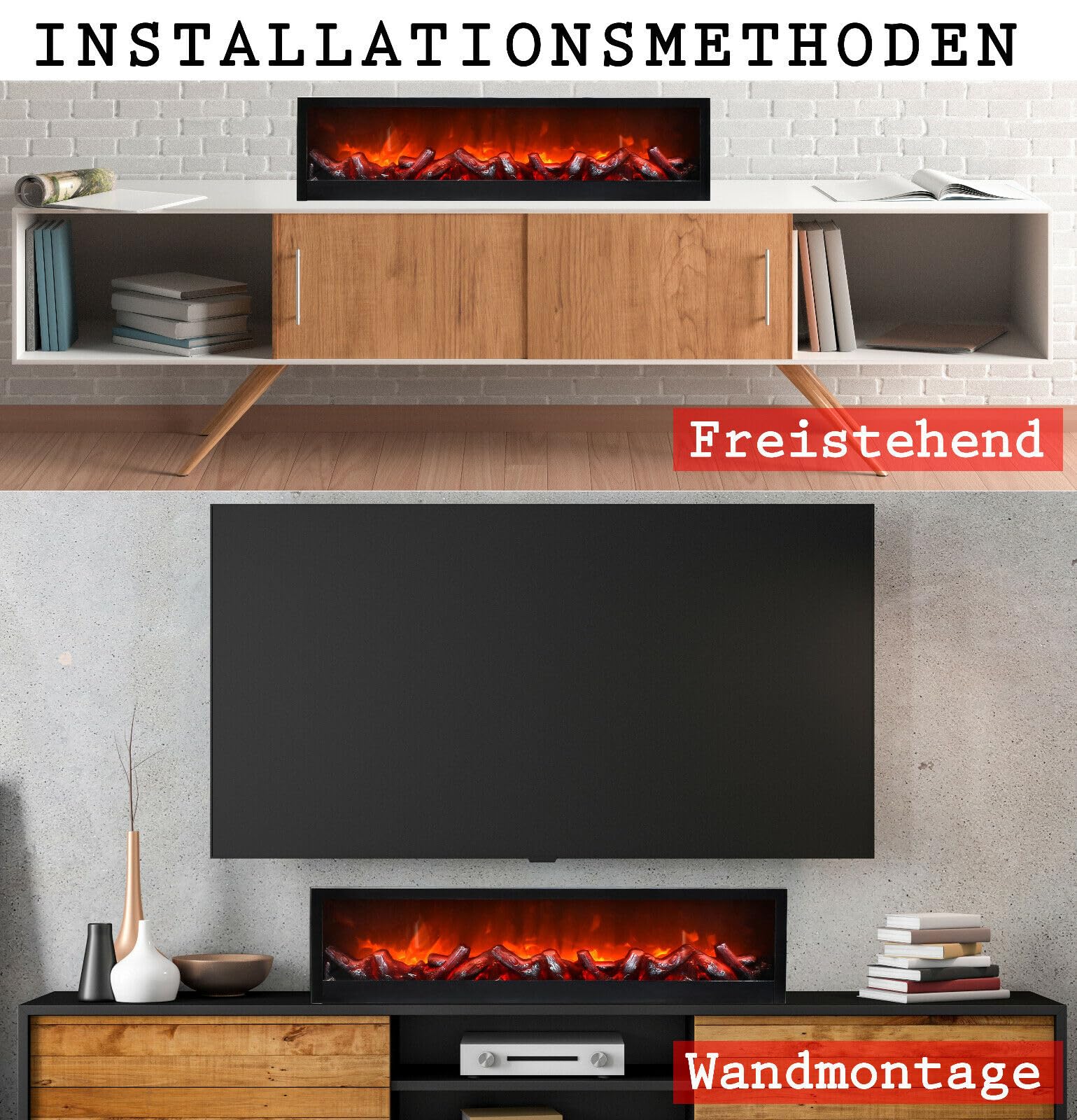 LED Wandkamin Tischkamin Elektrokamin mit realistischer Flammensimulation Kaminfeuer Feuersimulation schwarz inkl. Fernbedienung 60x20cm