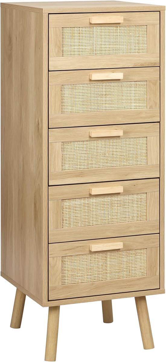 Finnhomy Rattan Dresser for Bedroom, Tall Dresser with 5 Hand Made Rattan Decorated Drawers, Small Chest of Drawers for Living Room, Closet, Hallway, Natural