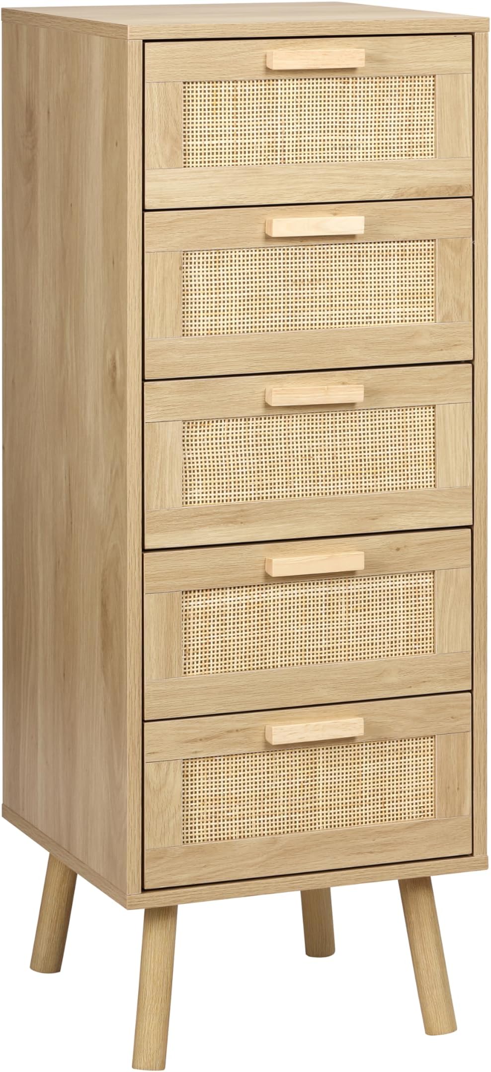 Finnhomy Rattan Chest of Drawers Bedroom, Tall Chester Drawers with 5 Hand Made Rattan Decorated Drawers for Bedroom, Small Bedside Cabinet with Wood Legs, Natural