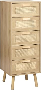 Finnhomy Rattan Dresser for Bedroom, Tall Dresser with 5 Hand Made Rattan Decorated Drawers, Small Chest of Drawers for Living Room, Closet, Hallway, Natural