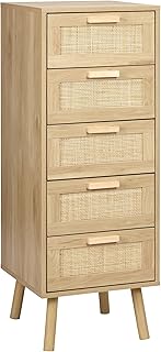 Finnhomy Rattan Dresser Bedroom, Tall Chest of Drawers with 5 Handmade Rattan Decorated Drawers for Bedroom, Small Bedside Cabinet with Wooden Legs, Natural