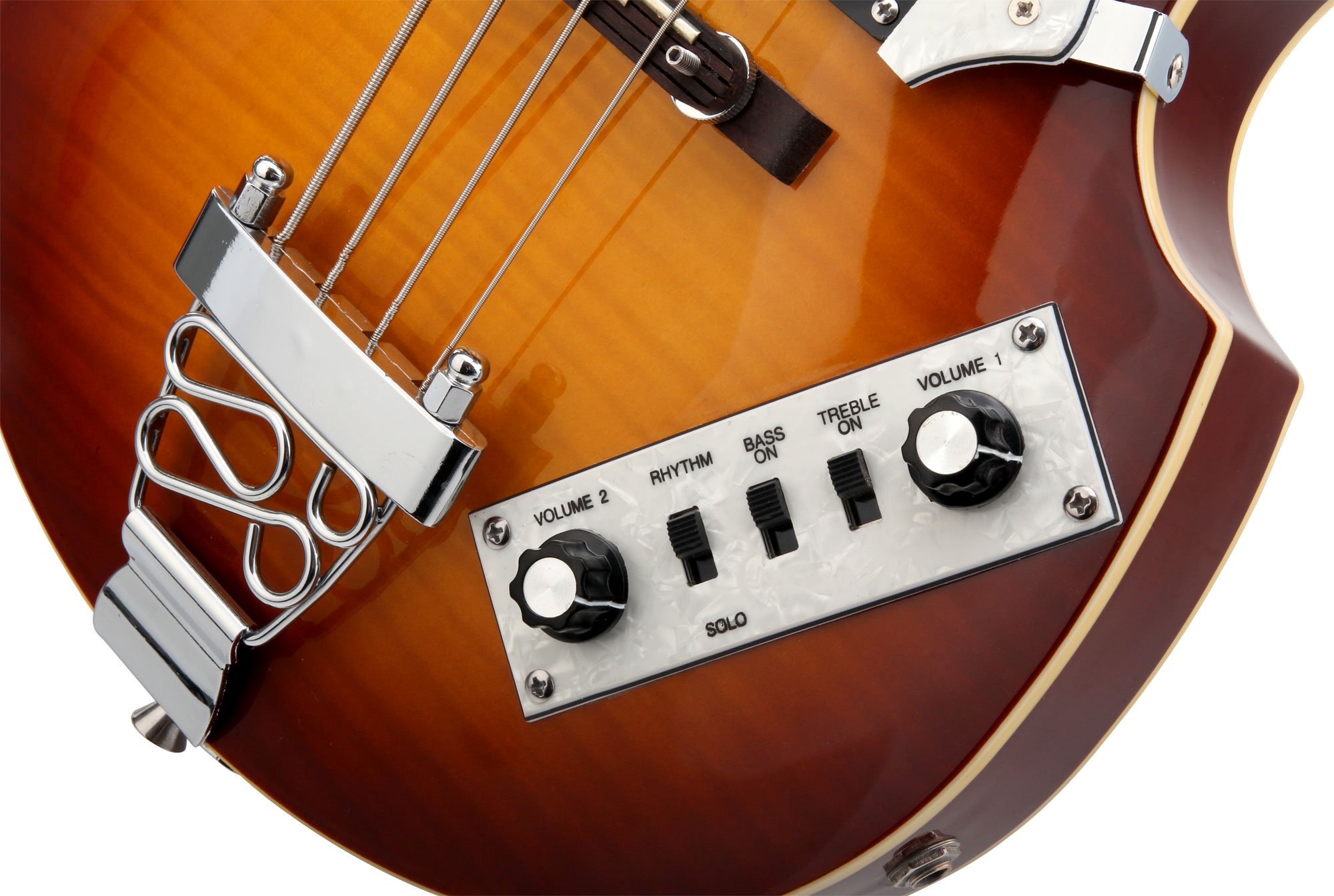 Rocktile VB-1 "Sir Paul" Vintage Beatbass (Violinbass, Bassgitarre, Hollowbody, 2 Humbucker) sunburst & Tiger Gitarrengurt mit Plektronhalter, Schwarz
