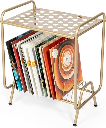 Miniatura 9 de Ilyapa Soporte para tocadiscos de 2 niveles, soporte de discos de vinilo de metal dorado con estantes, mesa de reproductor de vinilo con 14 ranuras