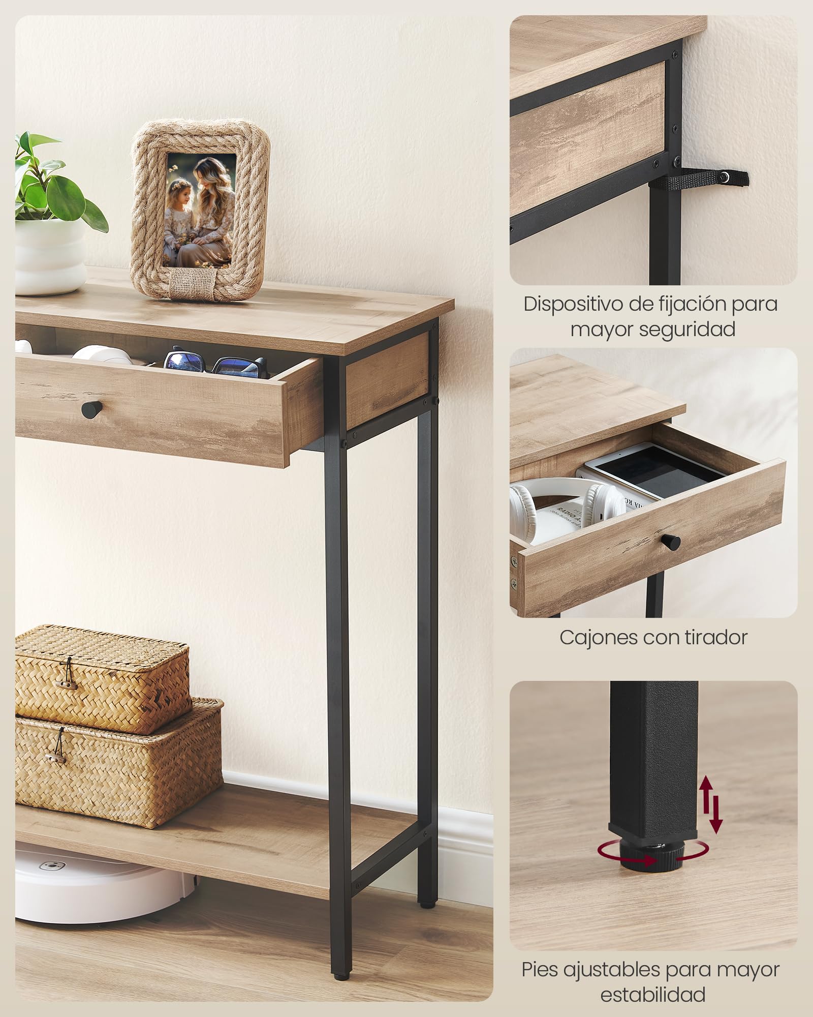 VASAGLE Mesa de Consola, Mesa de Sofá con 2 Cajones, Marco de Acero, Estable, para Pasillo, Dormitorio, Salón, Estilo Industrial, Marrón Camello y Negro Tinta LNT015W01