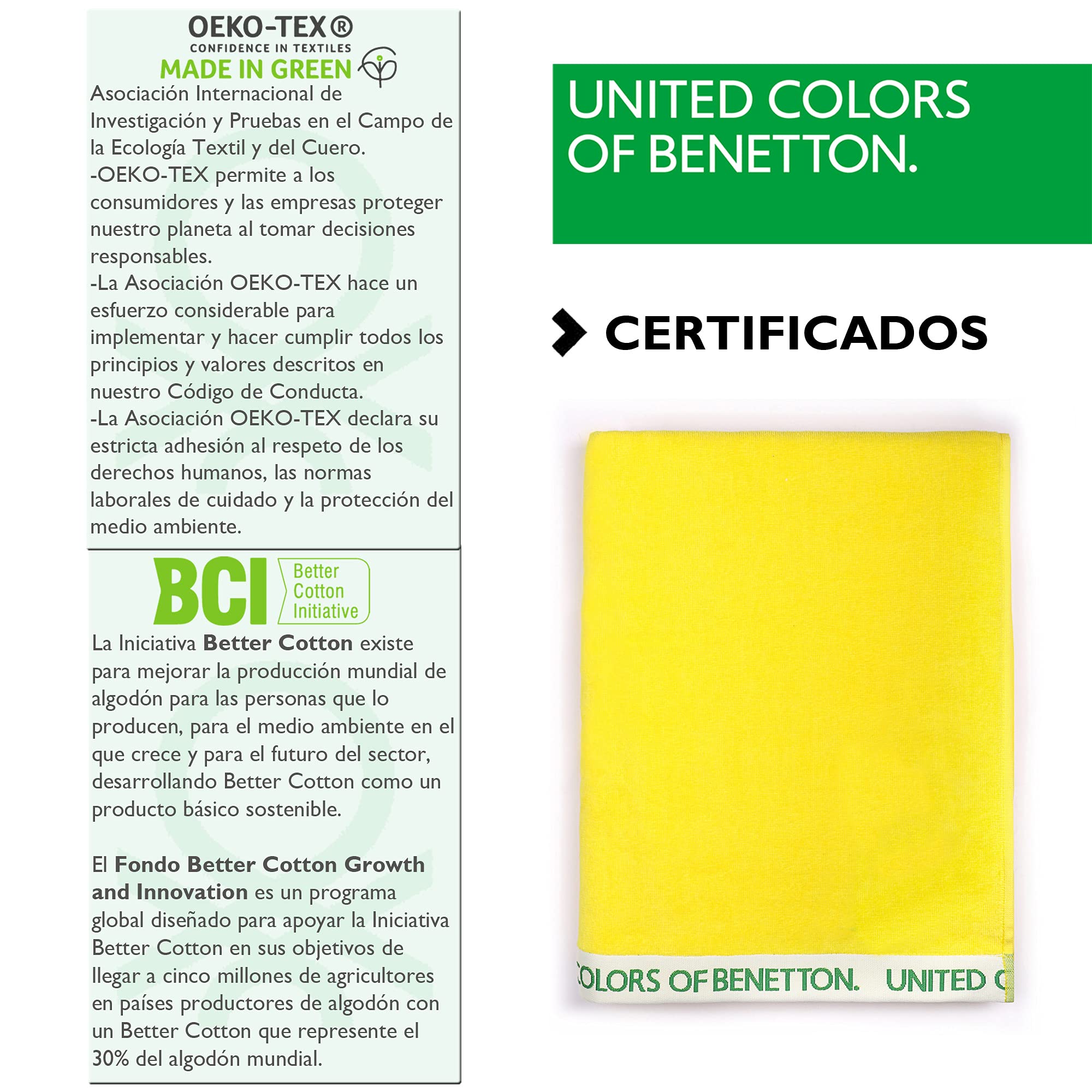 UNITED COLORS OF BENETTON, SET 2 TOALLAS DE PLAYA 90X160CM 380GSM VELOUR 100PercentALGODON CASA BENETTON, Verde + Amarillo, 90x160 c/u