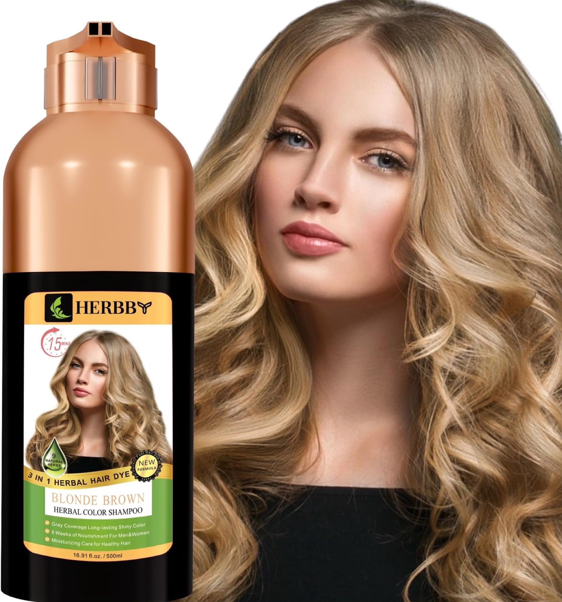 HERBBY Hair Color Shampoo for Gray Hair Coverage&Color Transform with 9 Herbal Extracts –Long Lasting(6-8 Weeks),Shiny,Evenly Colored,Instant Hair Dye Shampoo&Conditioner, 500 Ml (BLONDE BROWN COLOR)