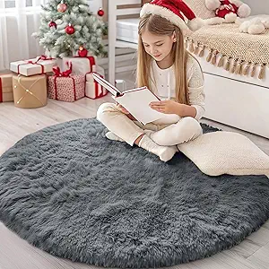 OLANLY Grey Round Rugs for Bedroom - Machine Washable, 4 ft Circle Area Rugs for Living Room, Soft and Fluffy Shaggy Carpet for Teen Girls and Boys, Nursery Rooms, Dorms, Home Decor Aesthetic