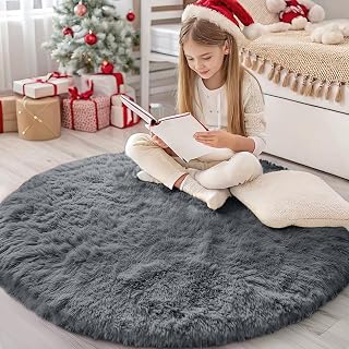 Homaxy Hochflor Waschbar Groß Teppich Wohnzimmer 160 cm Rund, Dunkelgrau
