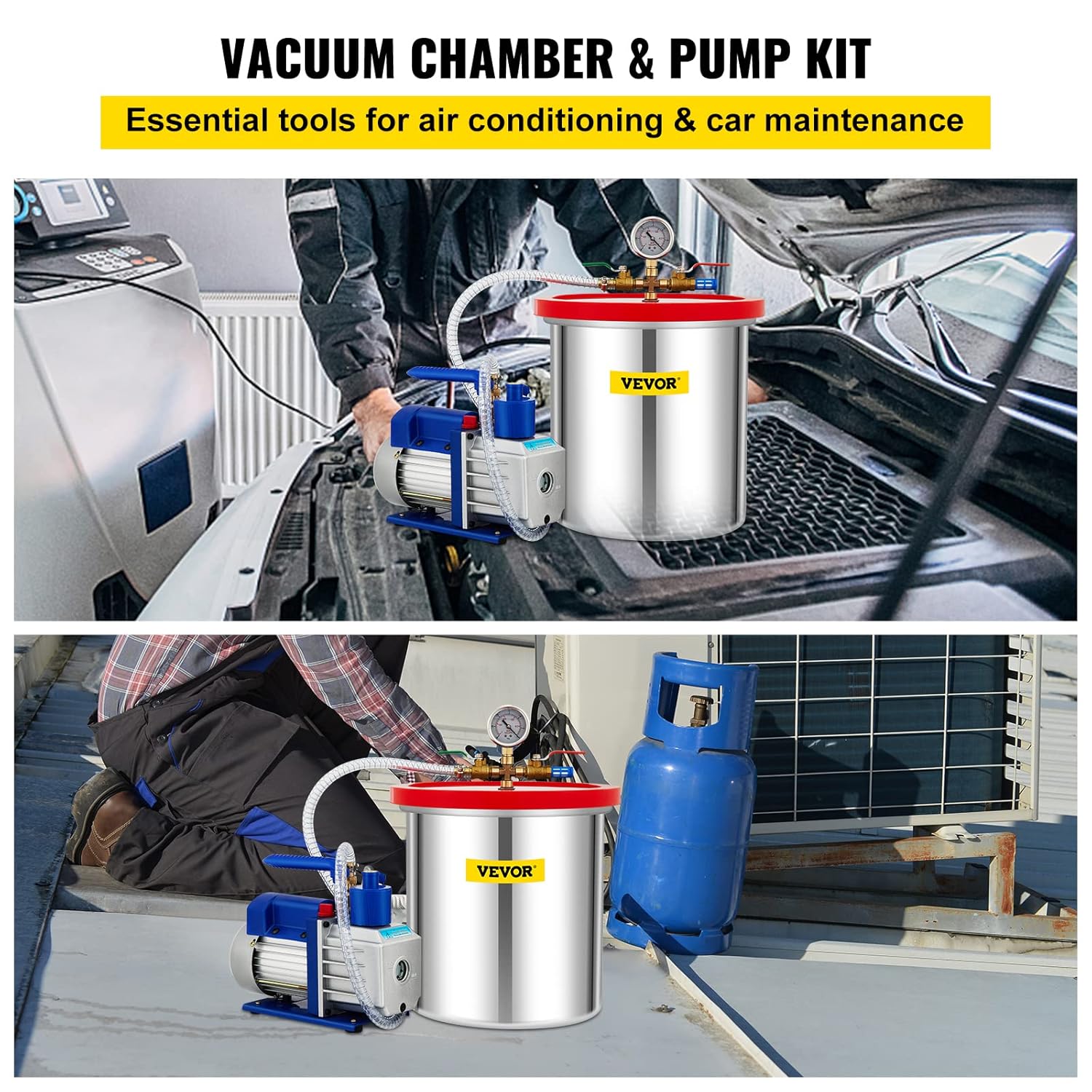 VEVOR Vacuum Chamber with Pump, 5 Gallon Vacuum Chamber Acrylic Lid, 5CFM 1/3 HP Single Stage Rotary Vane Vacuum Pump, 110V HVAC Air Tool Set for Resin Casting, extracting Essential Oil etc.