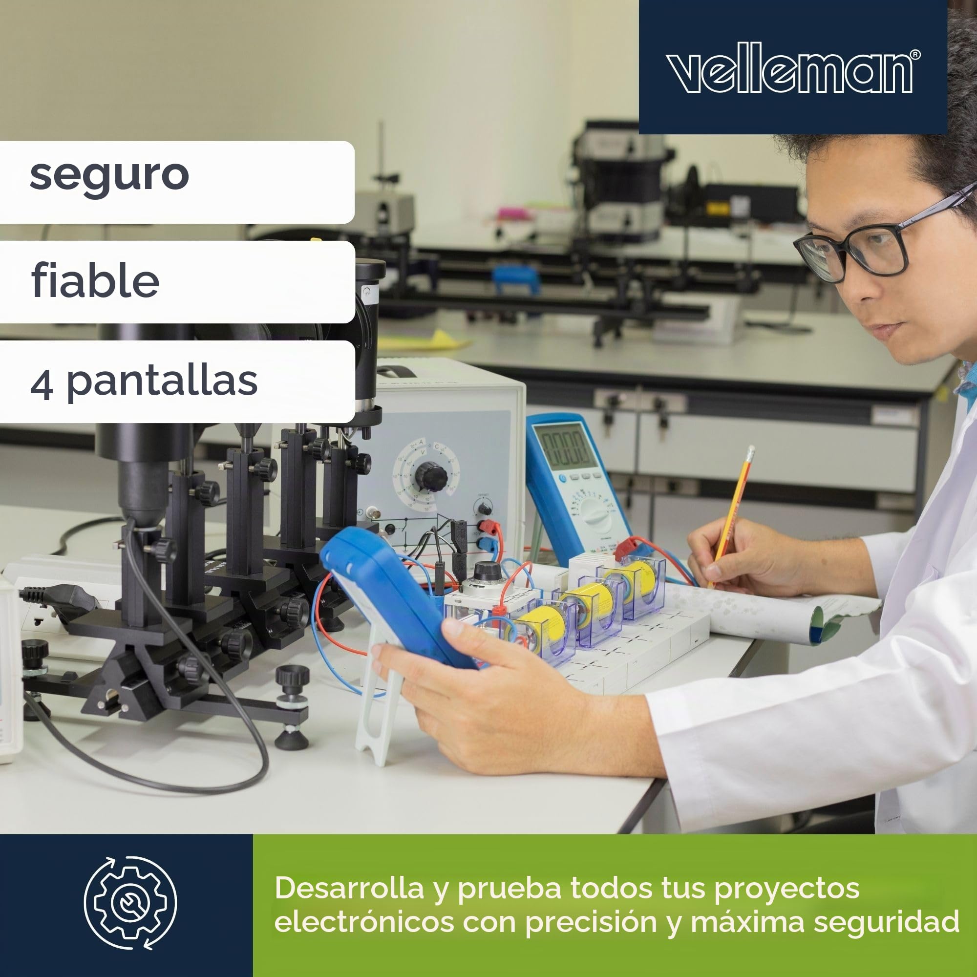 Velleman Suministro de Laboratorio, Ajustable, 2 x 0-30 VCC/0-3 A, + 5 VCC Fijo/3 A, limitación de Corriente, protección contra Cortocircuitos, 4 LCD, Pantallas Grises