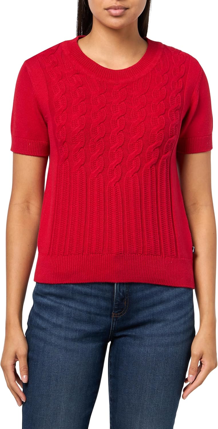 Nautica Womens Short Sleeve Crew Neck Cable Solid Sweater