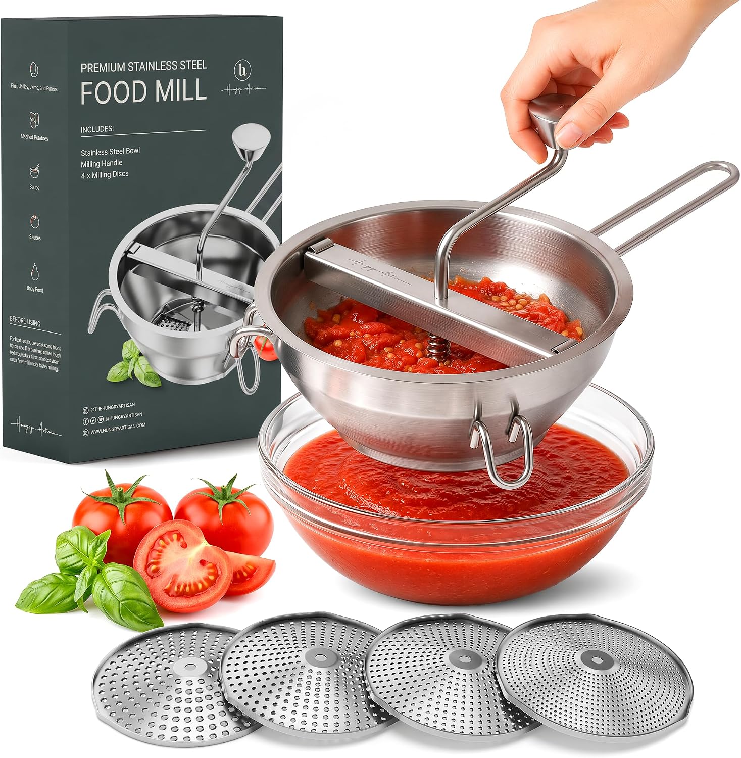 Premium 4-Disc Stainless Steel Food Mill – Ergonomic Rotary Hand Crank for Tomato Sauce, Canning, Applesauce, Baby Food, Mashed Potatoes, Puree & Jams