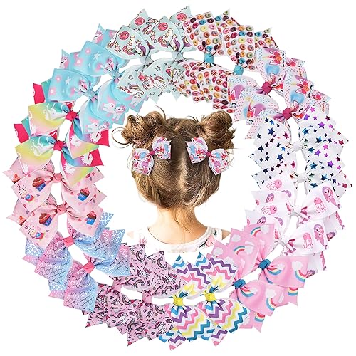 Miniatura 6 de 24 lazos de 4.5 pulgadas para niñas, cinta de grogrén de arco iris, pinzas para el pelo de cocodrilo, lazos de coleta, pinzas de unicornio para el